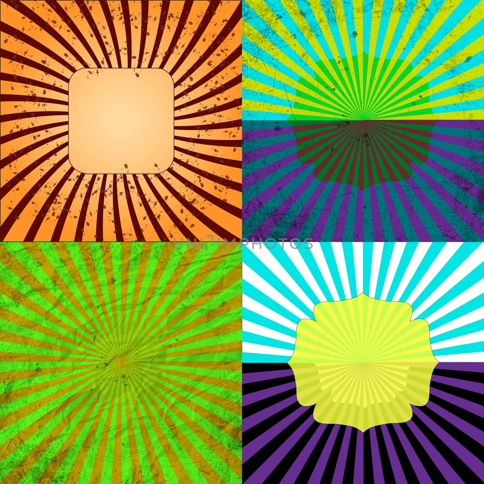 Sunburst Retro Textured Grunge Background Set. Vintage Rays.  illustration