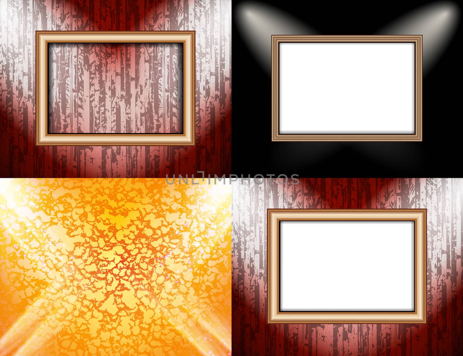 Set of Blank frame on a color wall lighting, abstract colored background with spotlights.  illustration