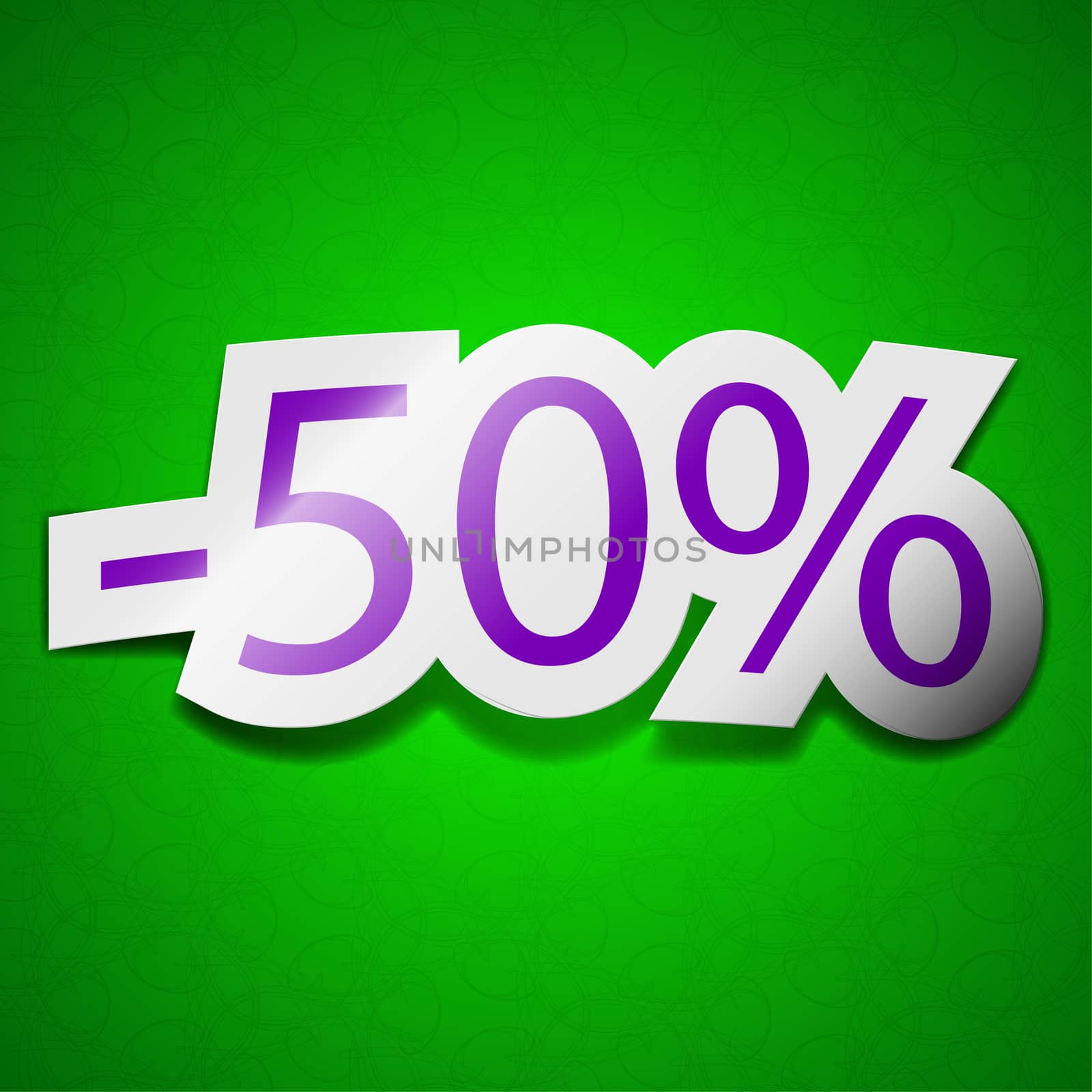 50 percent discount icon sign. Symbol chic colored sticky label on green background.  illustration