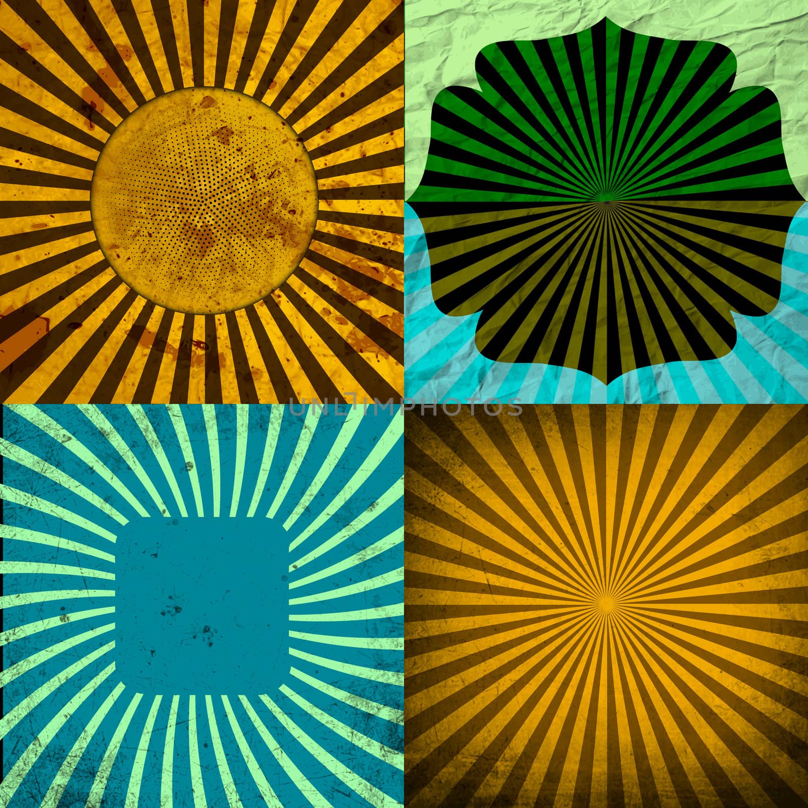 Sunburst Retro Textured Grunge Background Set. Vintage Rays.  illustration