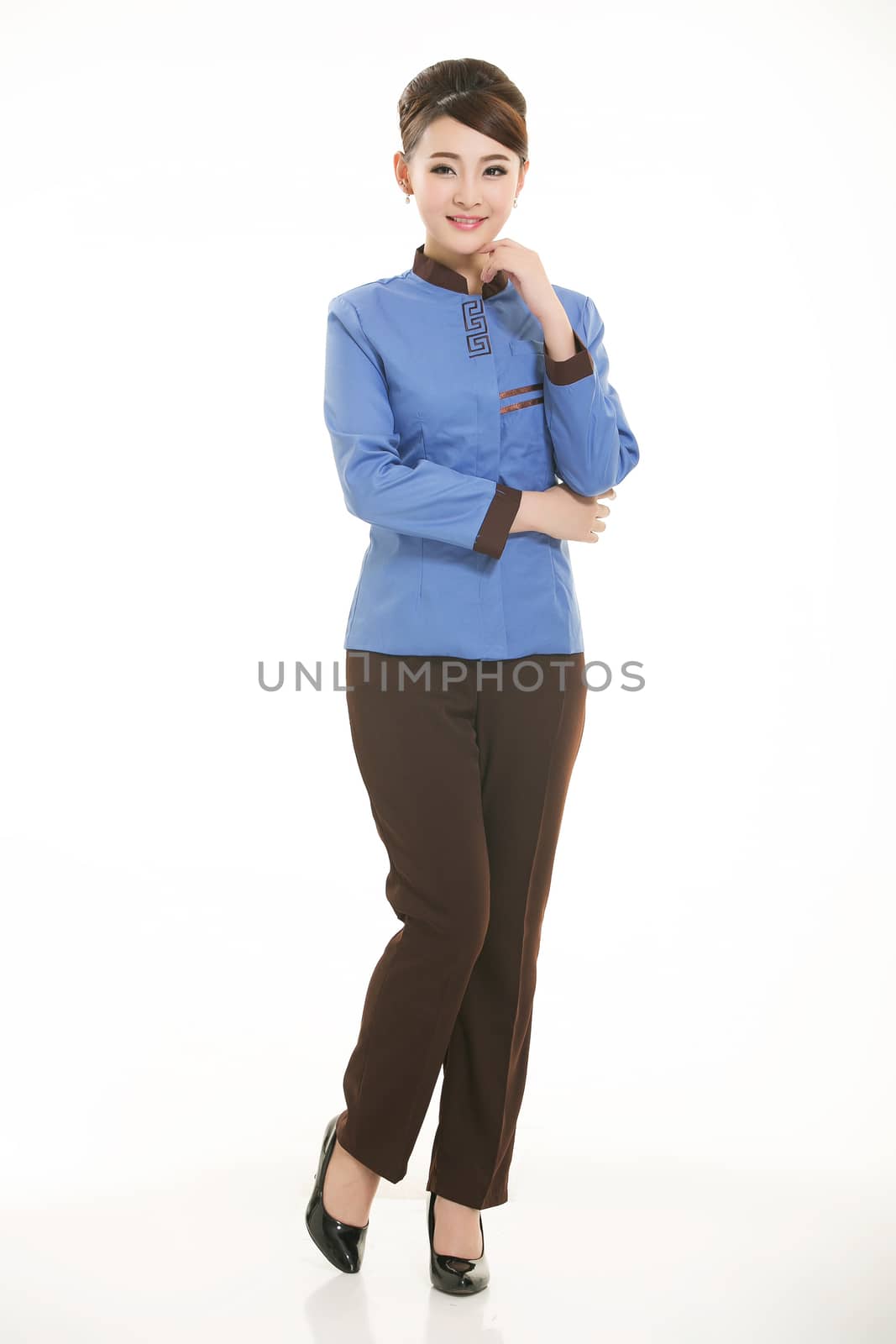 dressed in overalls who stand in front of a white background