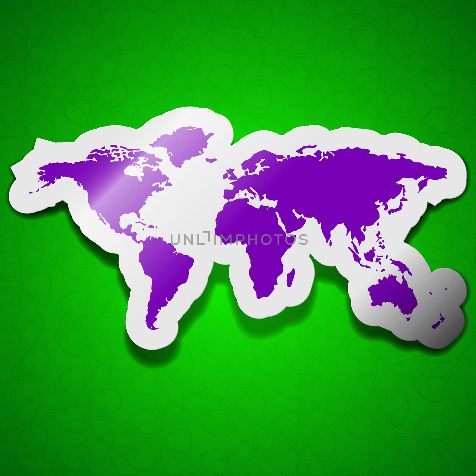 World map icon sign. Symbol chic colored sticky label on green background.  illustration