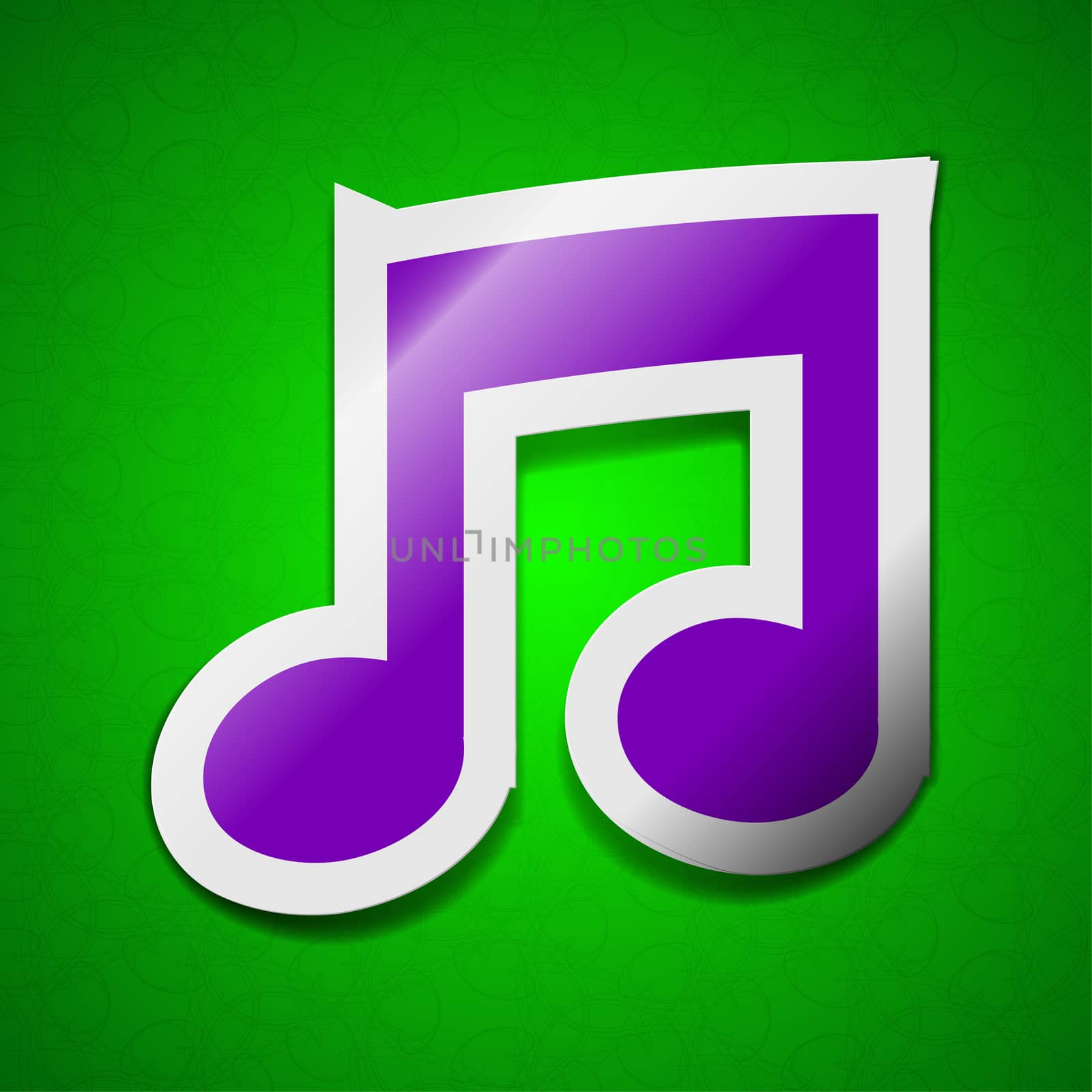 Music note icon sign. Symbol chic colored sticky label on green background.  by serhii_lohvyniuk