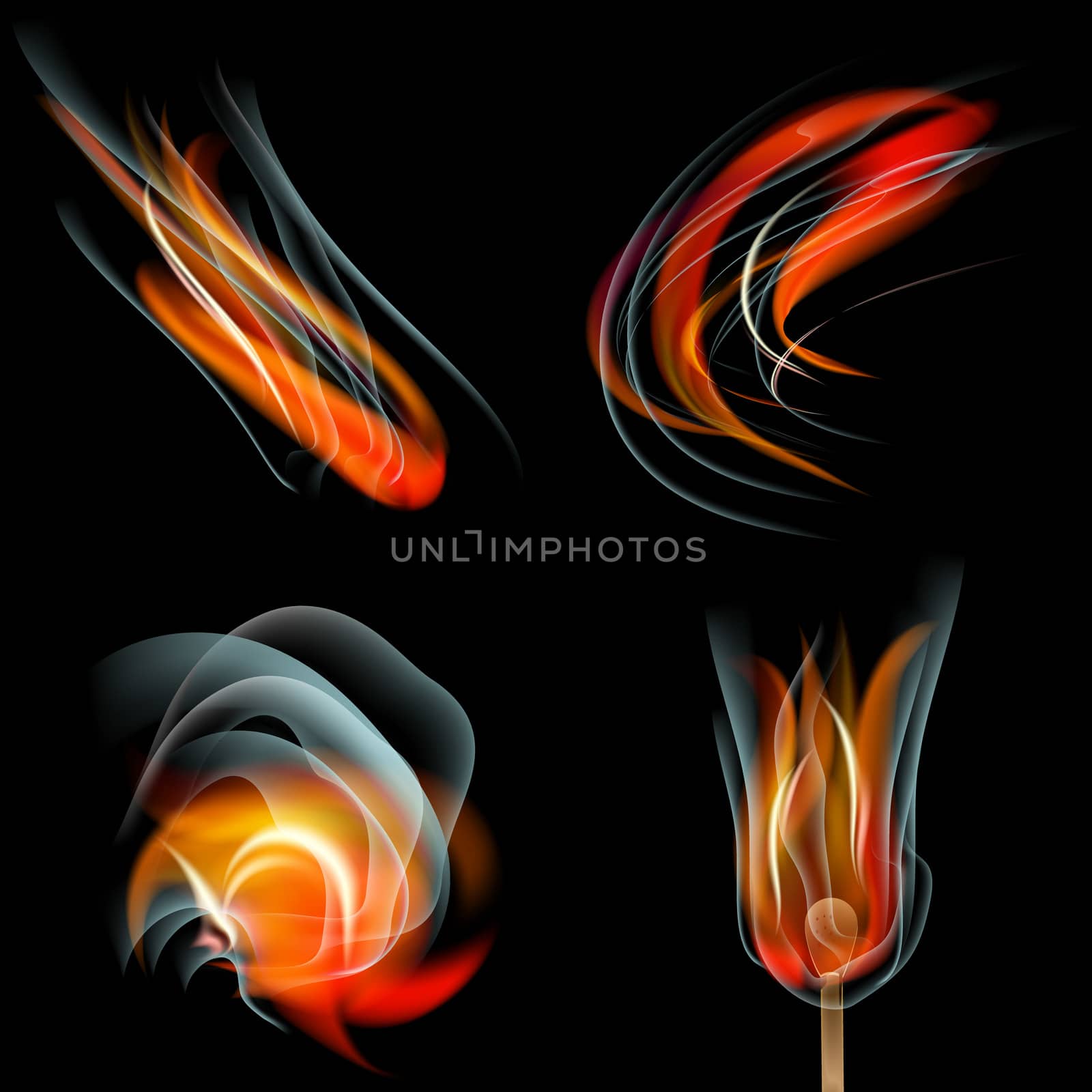 Set of Flames of different shapes on a black background. . Mesh.  illustration