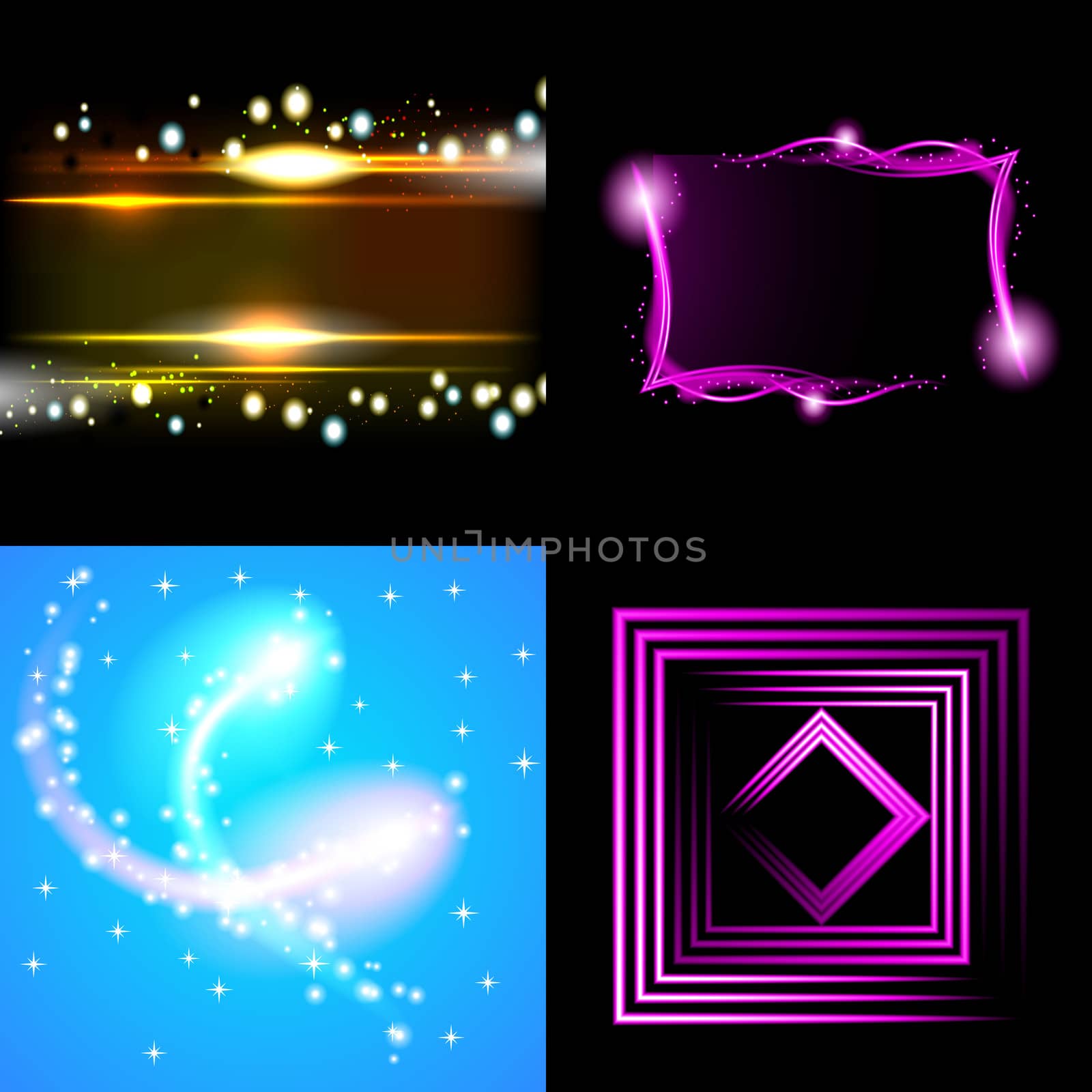 Set  of colorful  abstract background with blurred magic neon light curved lines.  illustration