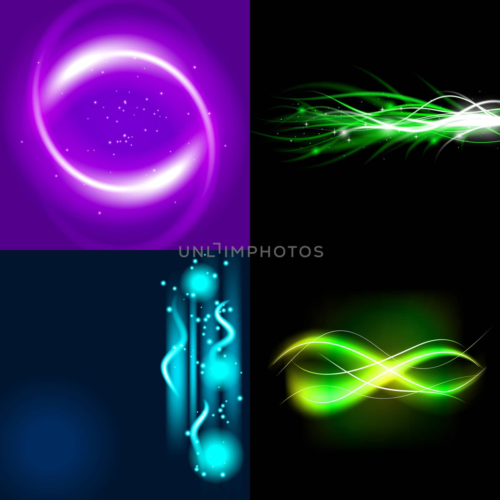 Set  of colorful  abstract background with blurred magic neon light curved lines.  illustration