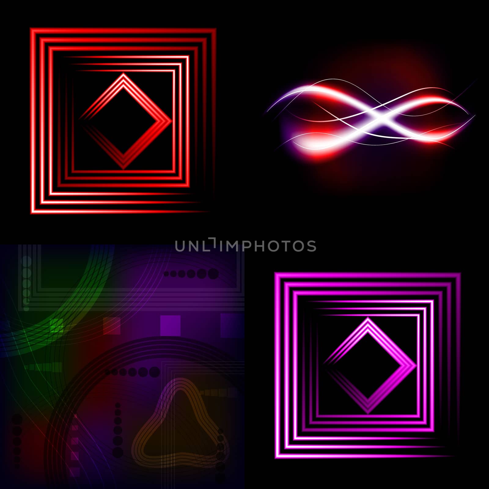 Set  of colorful  abstract background with blurred magic neon light curved lines.  illustration