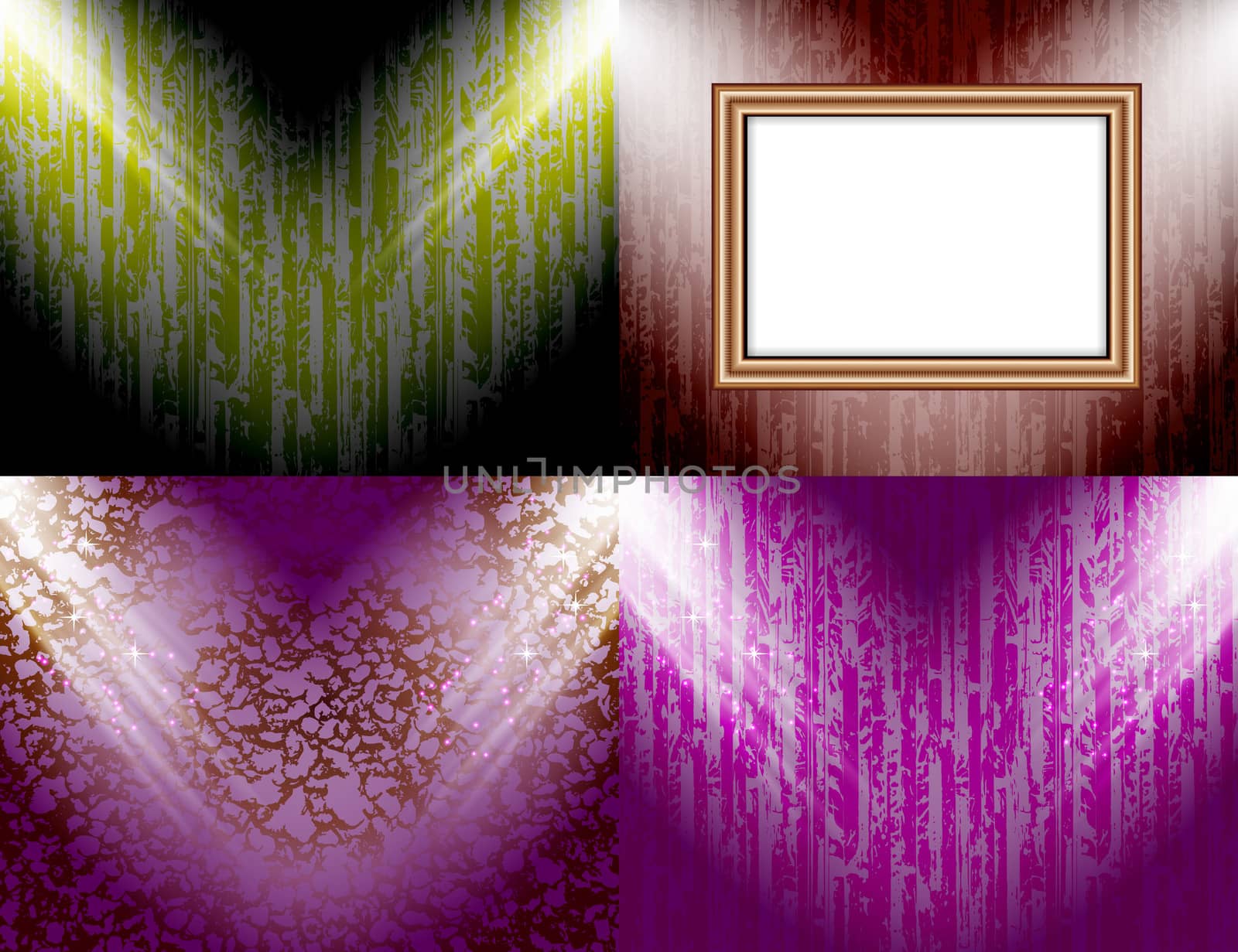 Set of colorful abstract backgrounds and frames for text or photos illuminated by searchlights.  by serhii_lohvyniuk