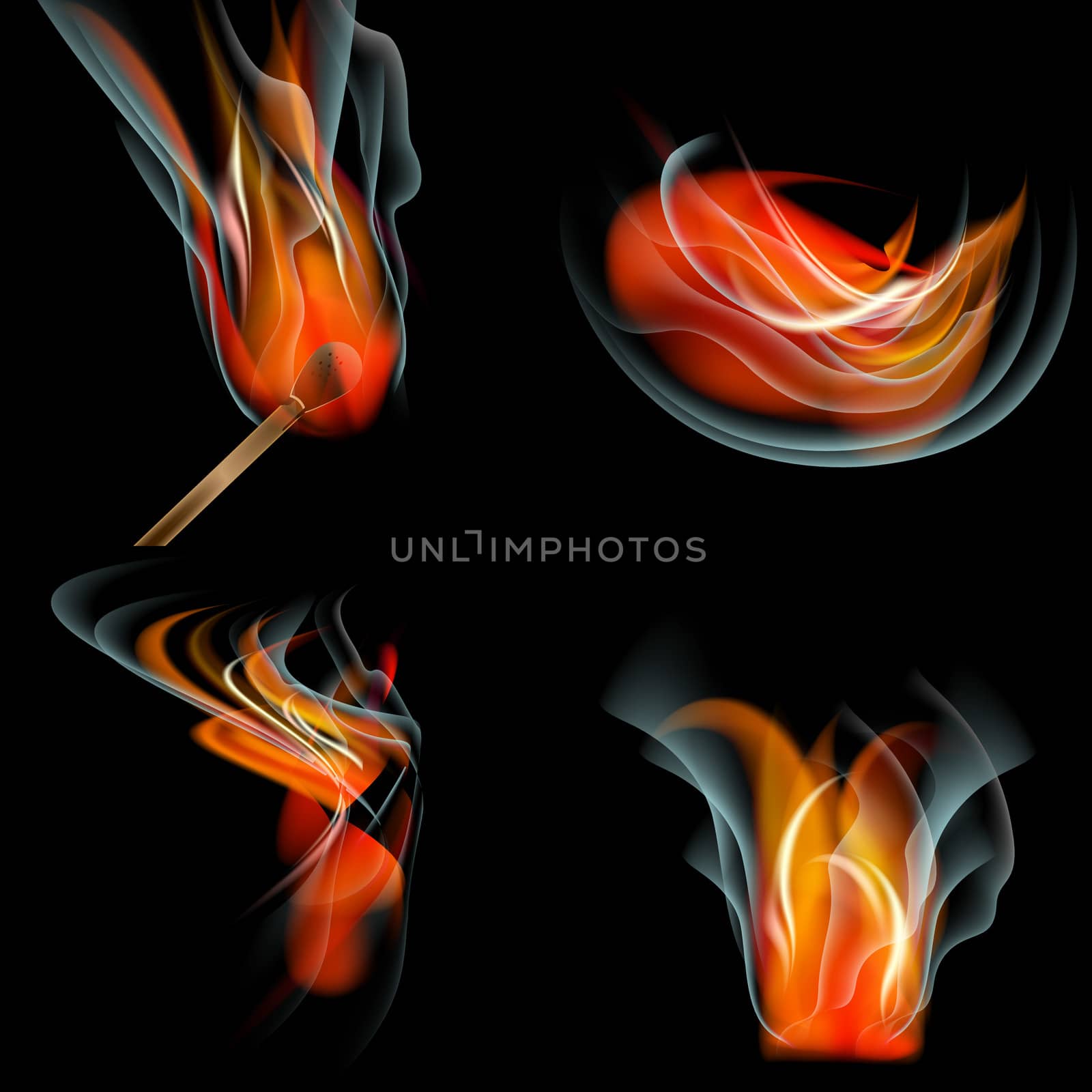 Set of Flames of different shapes on a black background. . Mesh.  illustration