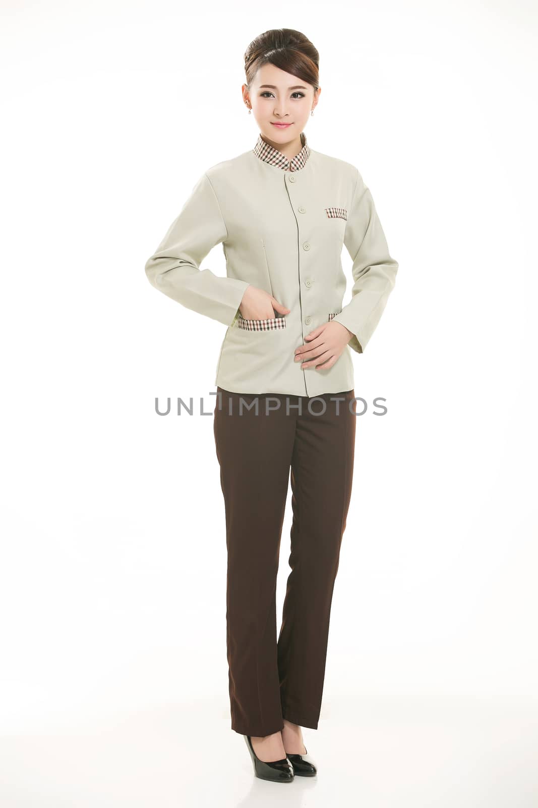 dressed in overalls who stand in front of a white background