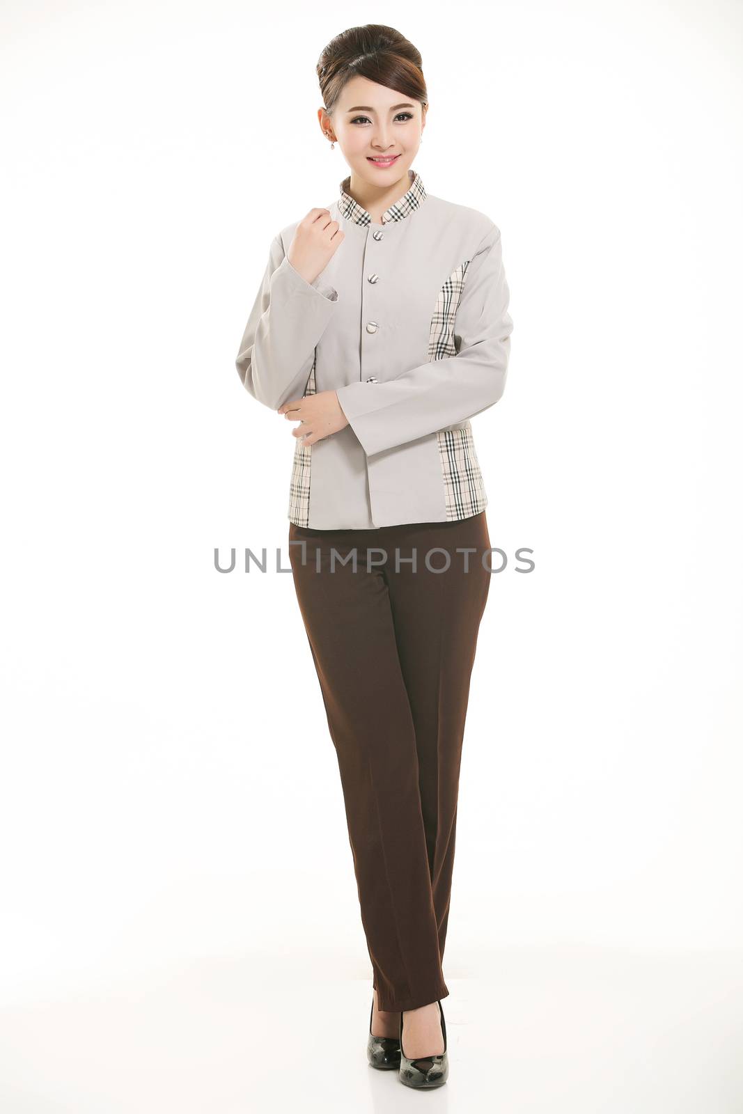 dressed in overalls who stand in front of a white background