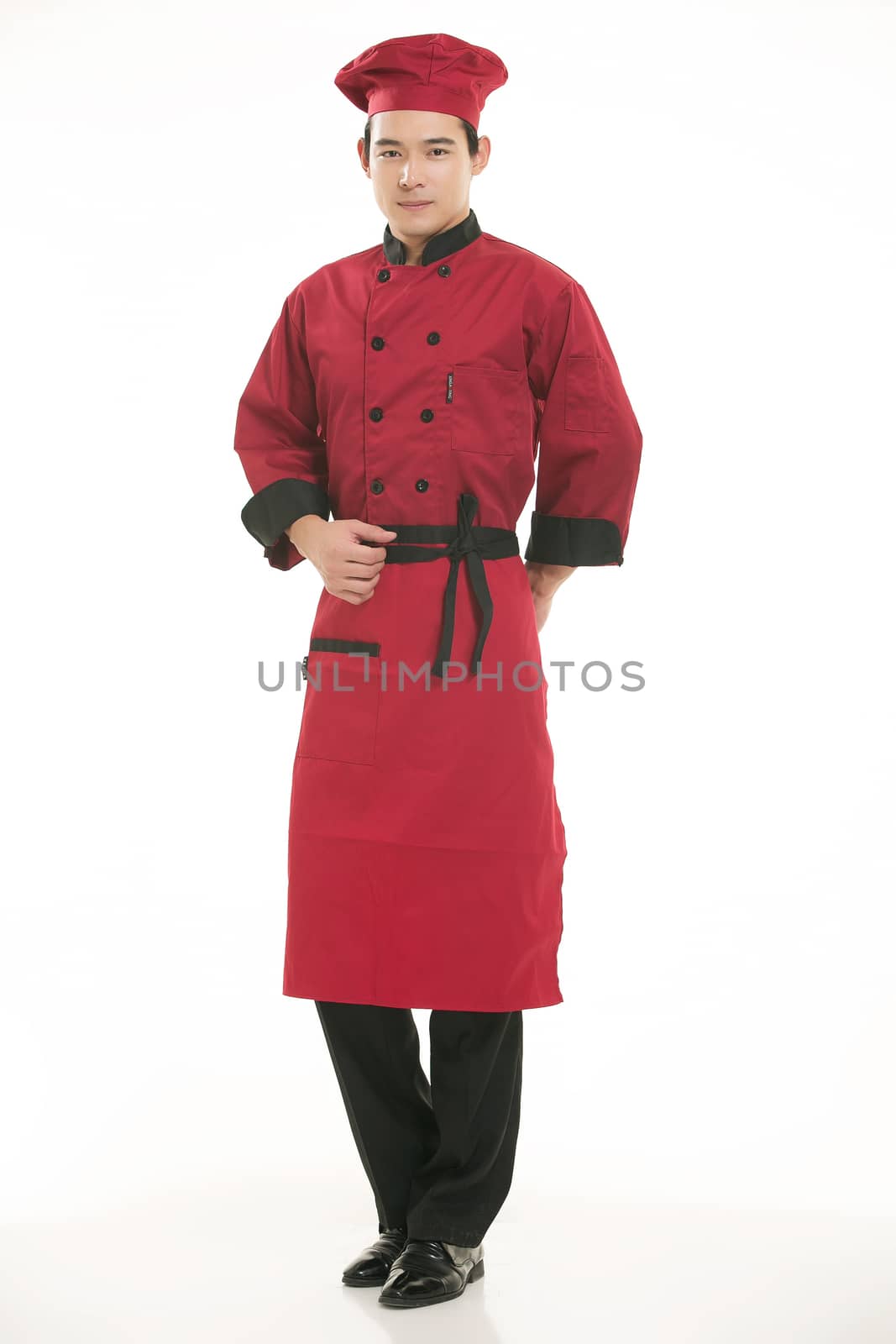 Wearing all kinds of clothing chef dietitian in front of white background