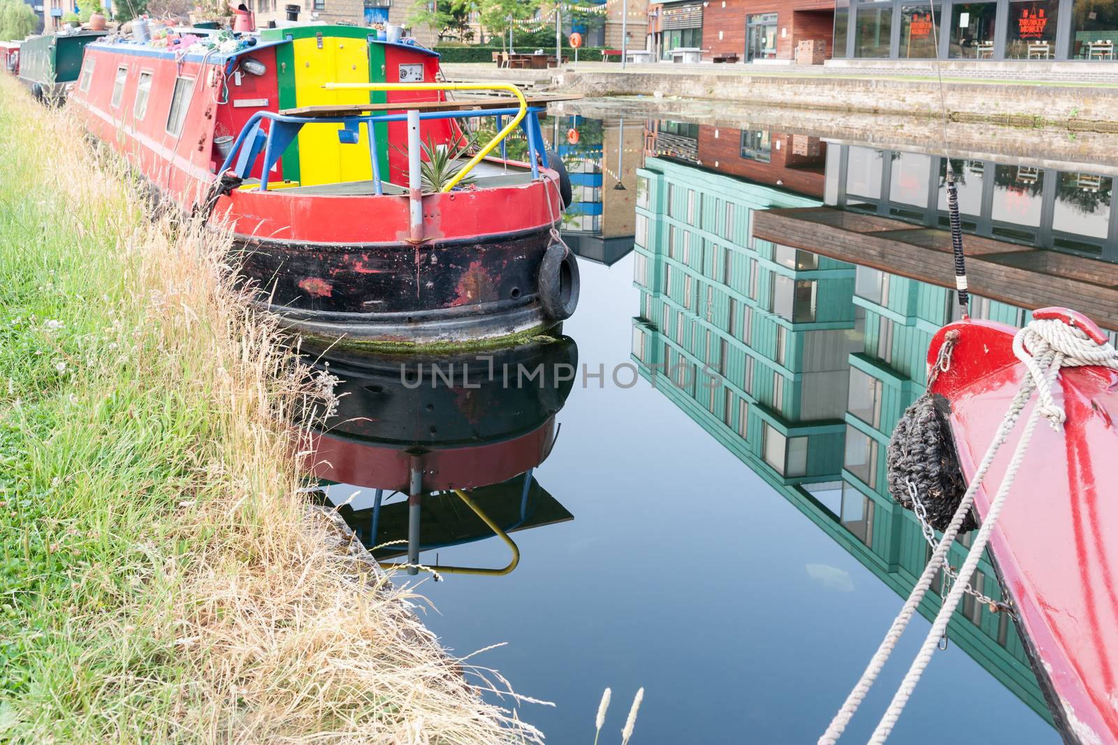 Bright primary colors canal boat, house boat, in London England