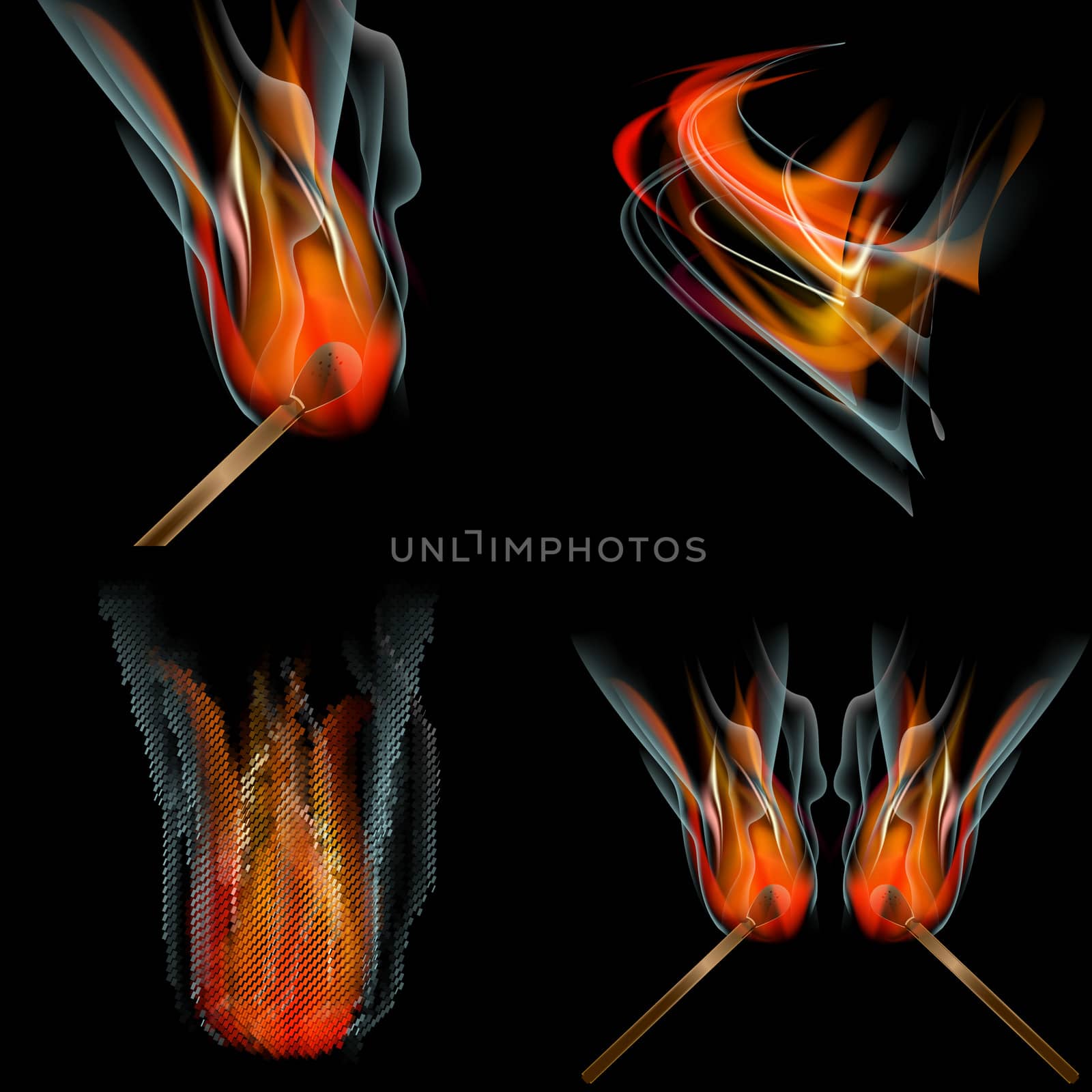 Collection of fires isolated on black background.  illustration