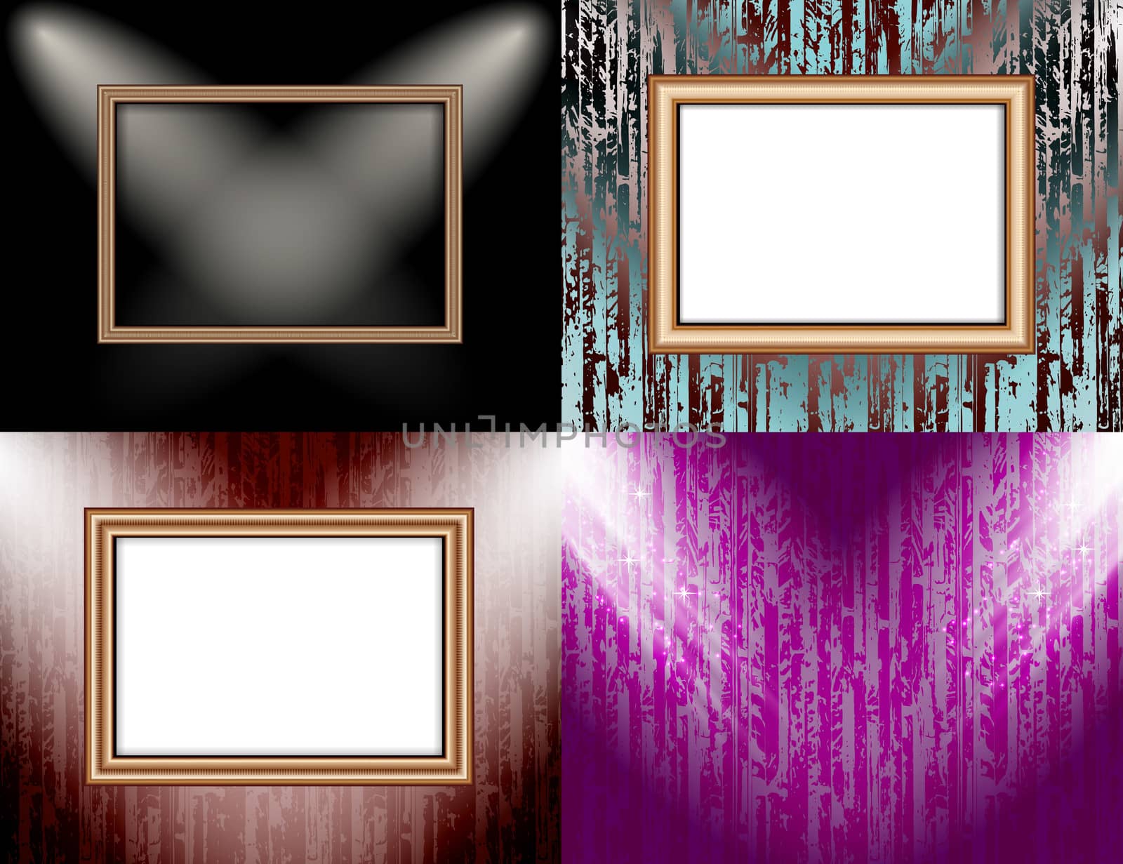 Set of colorful abstract backgrounds and frames for text or photos illuminated by searchlights.  illustration