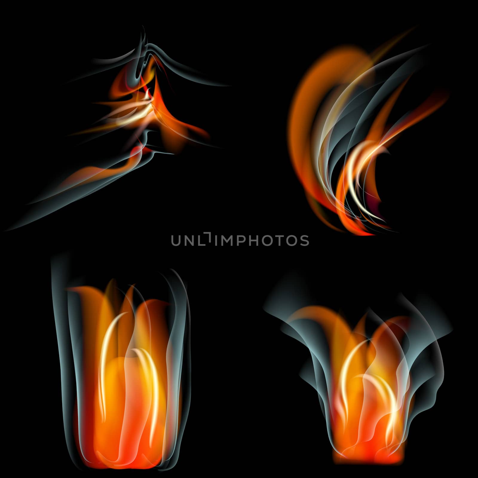 Collection of fires isolated on black background.  illustration