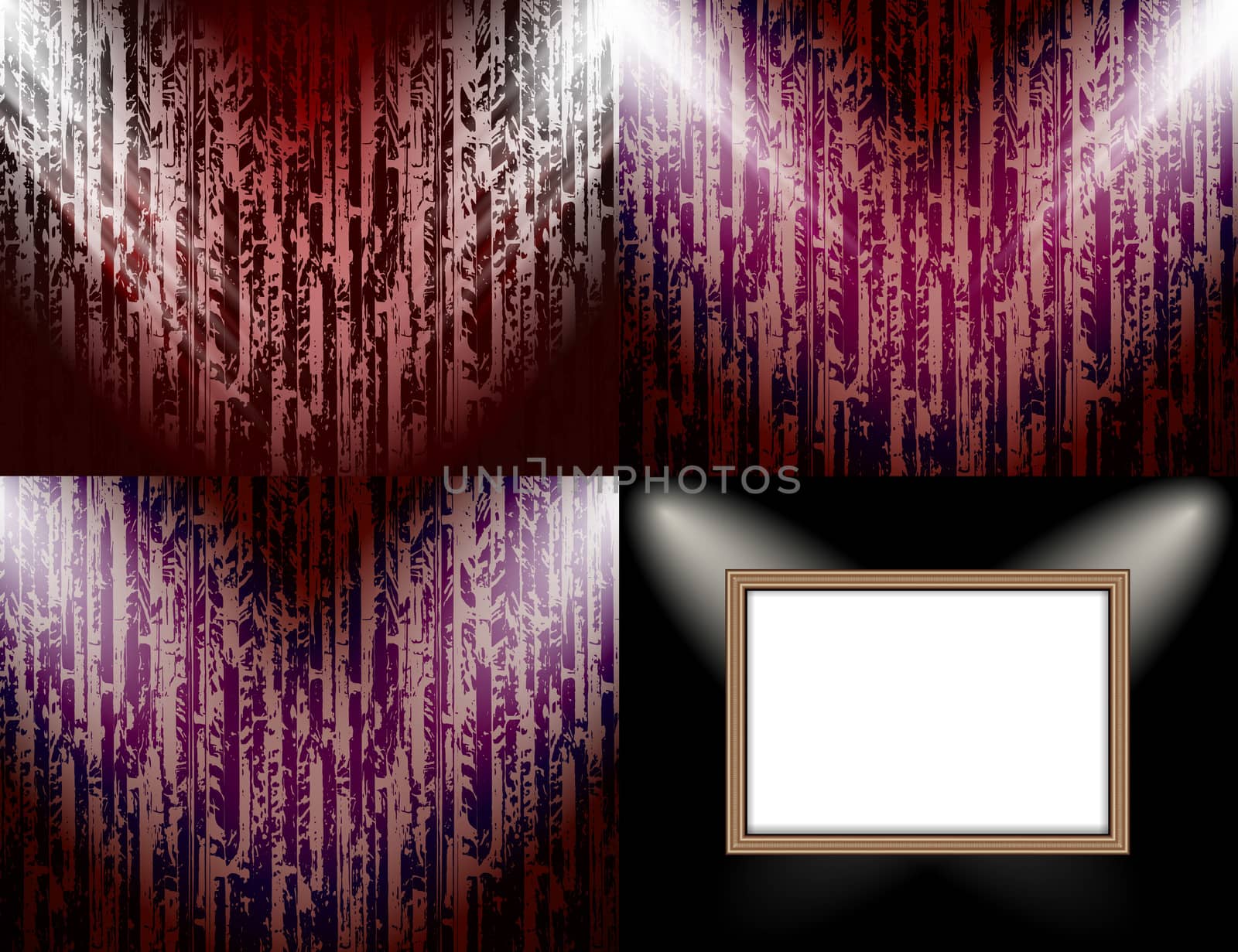 Set of colorful abstract backgrounds and frames for text or photos illuminated by searchlights.  illustration