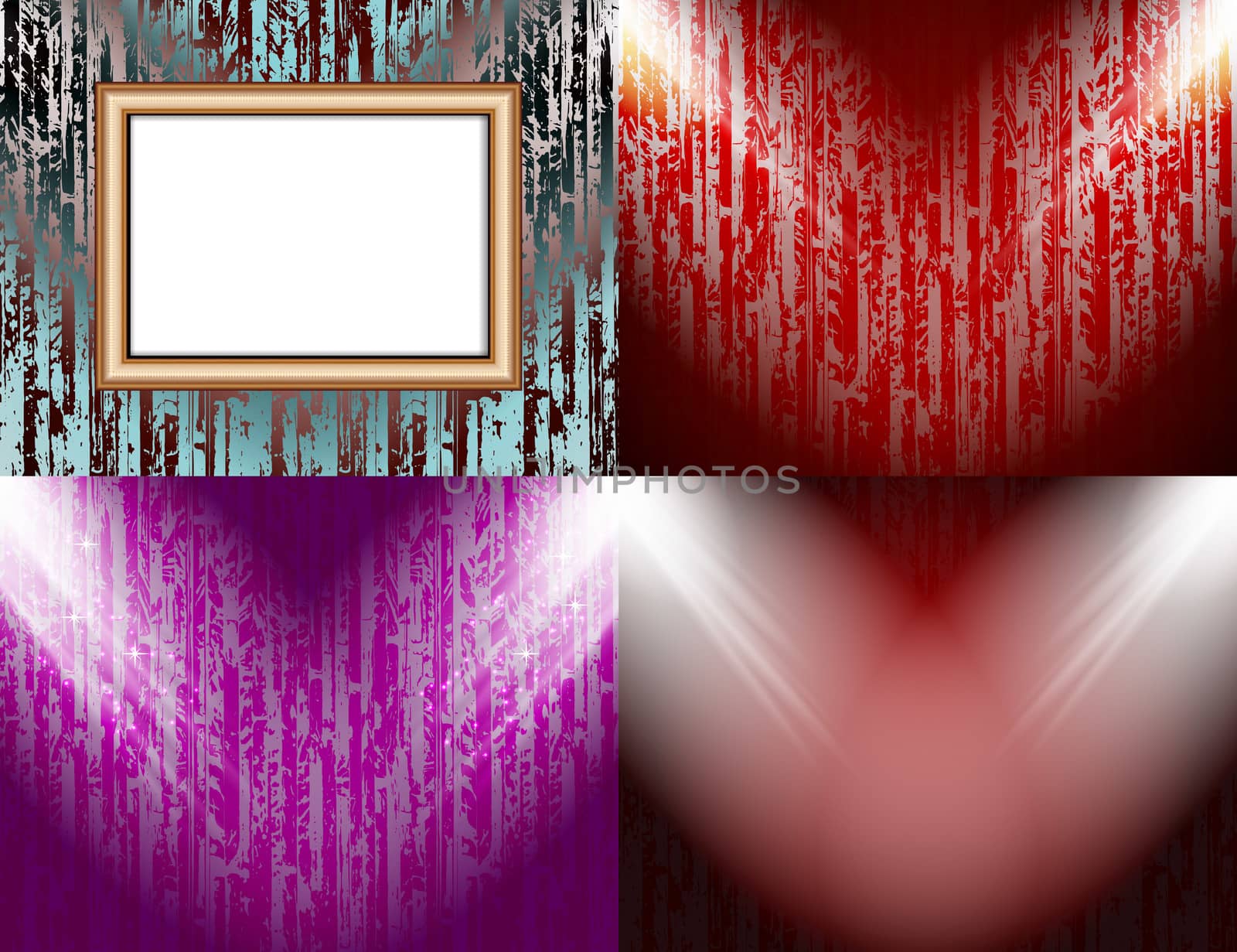 Set of colorful abstract backgrounds and frames for text or photos illuminated by searchlights.  illustration