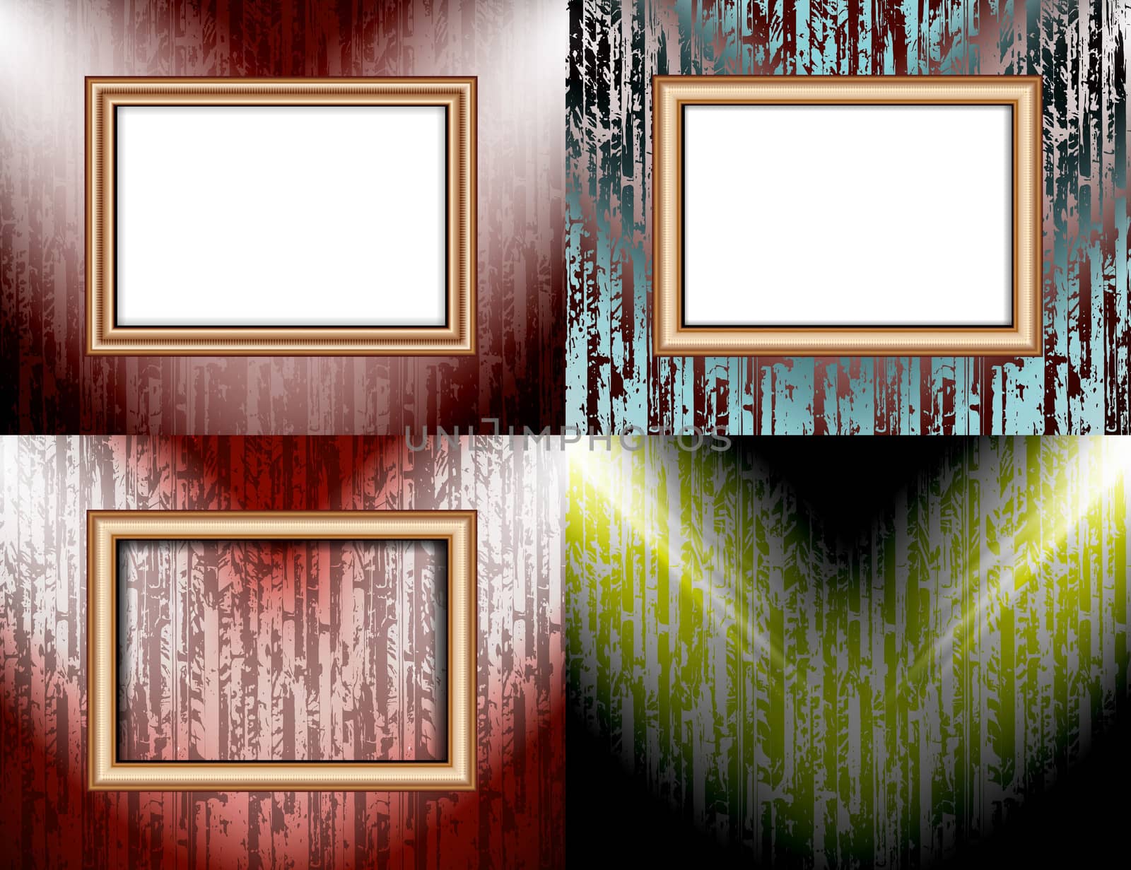 Set of colorful abstract backgrounds and frames for text or photos illuminated by searchlights.  illustration