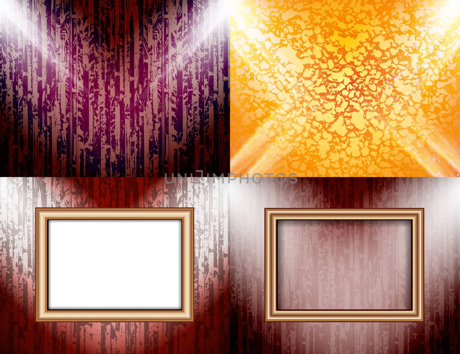 Set of colorful abstract backgrounds and frames for text or photos illuminated by searchlights.  illustration