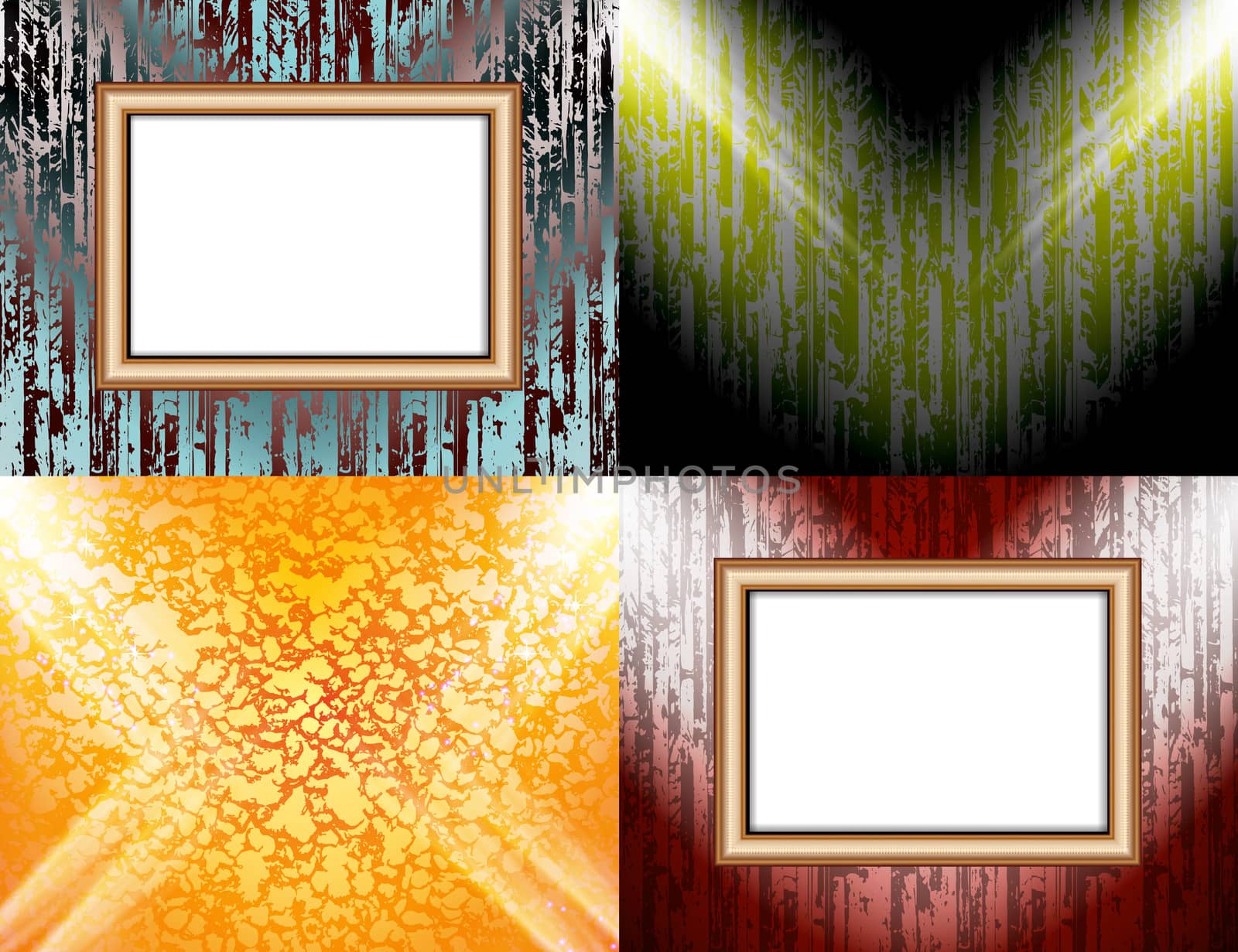 Set of colorful abstract backgrounds and frames for text or photos illuminated by searchlights. Raster by serhii_lohvyniuk