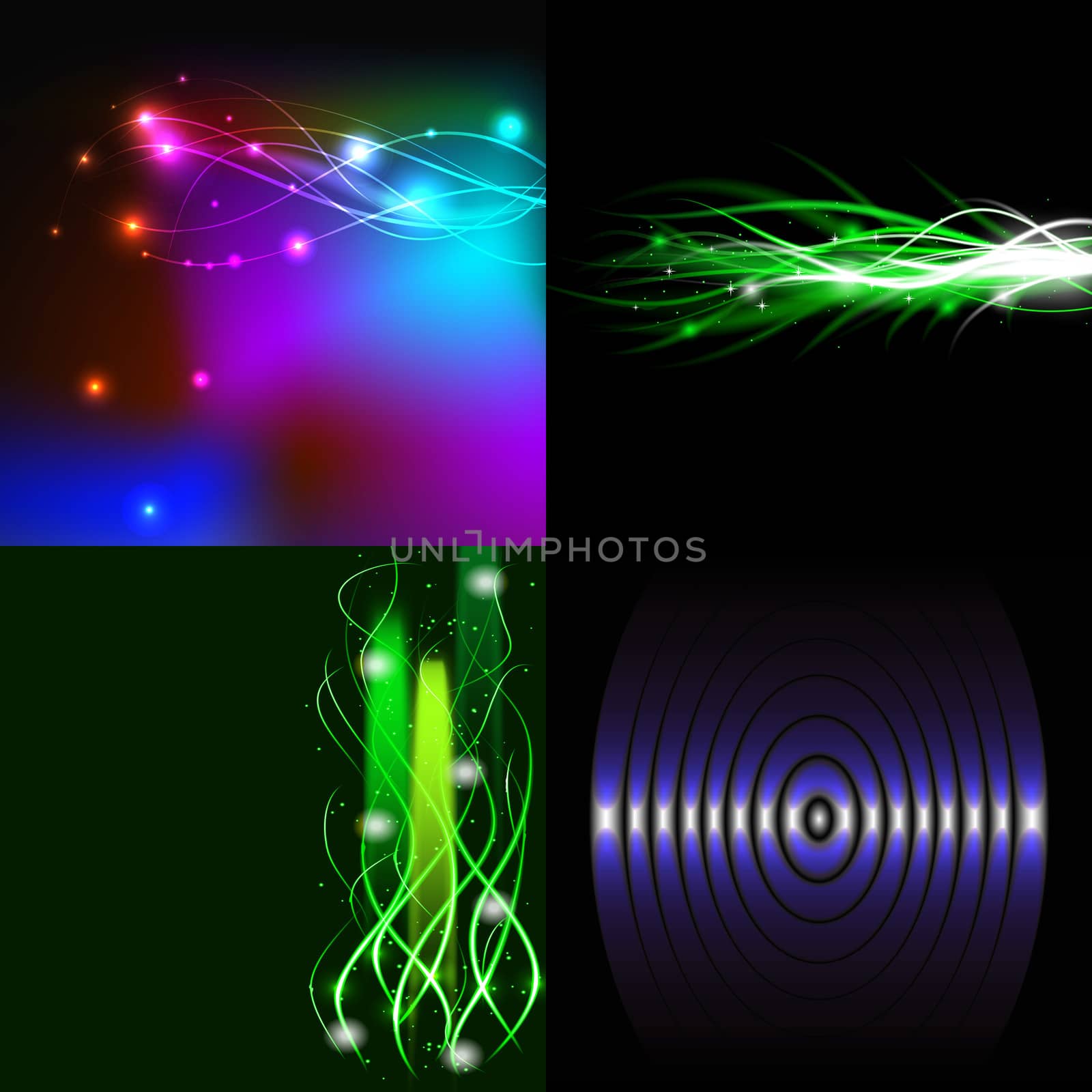 Set  of colorful  abstract background with blurred magic neon light curved lines.  illustration