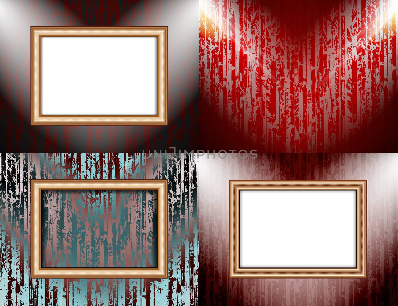 Set of colorful abstract backgrounds and frames for text or photos illuminated by searchlights.  illustration