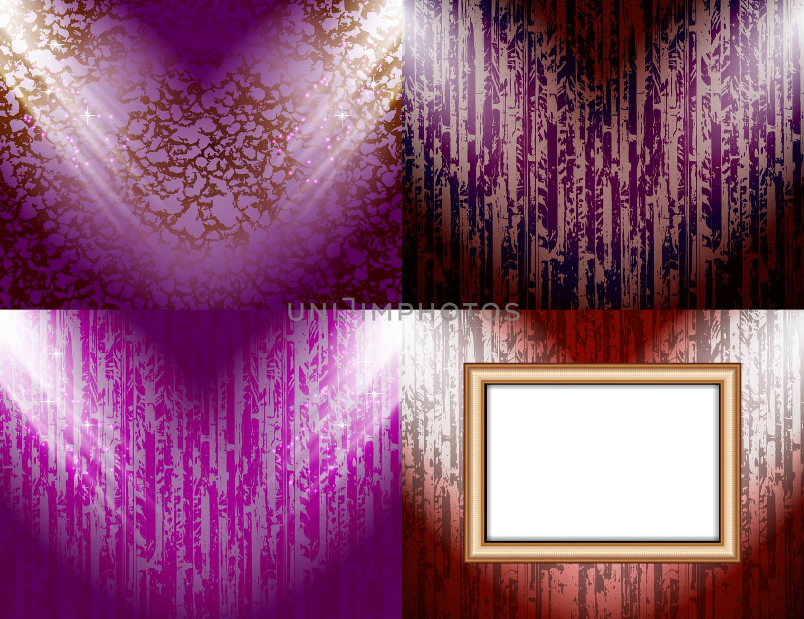 Set of colorful abstract backgrounds and frames for text or photos illuminated by searchlights.  illustration