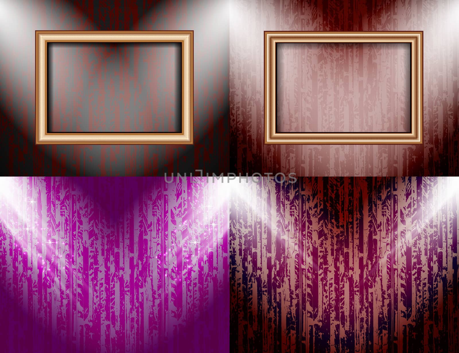 Set of colorful abstract backgrounds and frames for text or photos illuminated by searchlights.  illustration