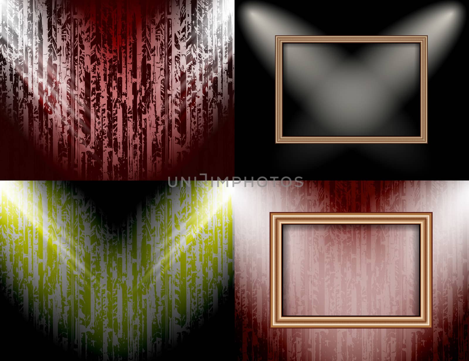 Set of colorful abstract backgrounds and frames for text or photos illuminated by searchlights. Raster by serhii_lohvyniuk