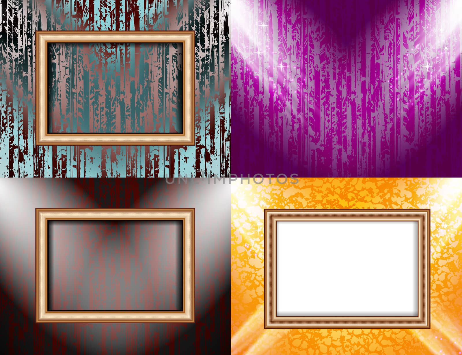 Set of colorful abstract backgrounds and frames for text or photos illuminated by searchlights.  illustration