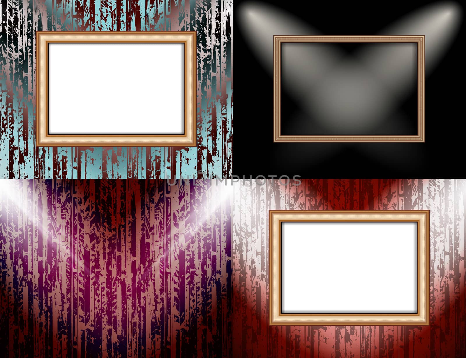 Set of colorful abstract backgrounds and frames for text or photos illuminated by searchlights. Raster by serhii_lohvyniuk