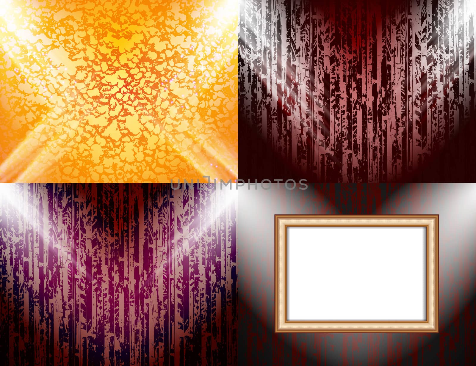 Set of colorful abstract backgrounds and frames for text or photos illuminated by searchlights. Raster by serhii_lohvyniuk