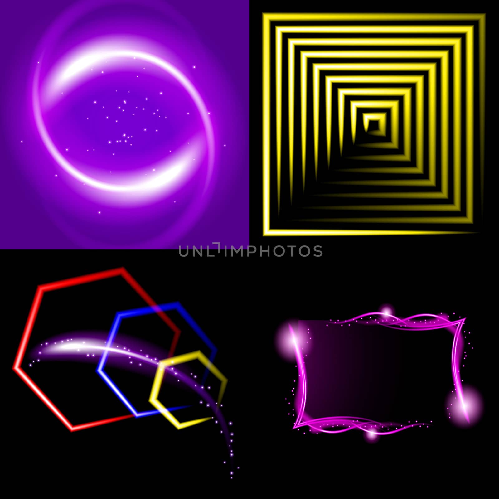 Set  of colorful  abstract background with blurred magic neon light curved lines.  illustration