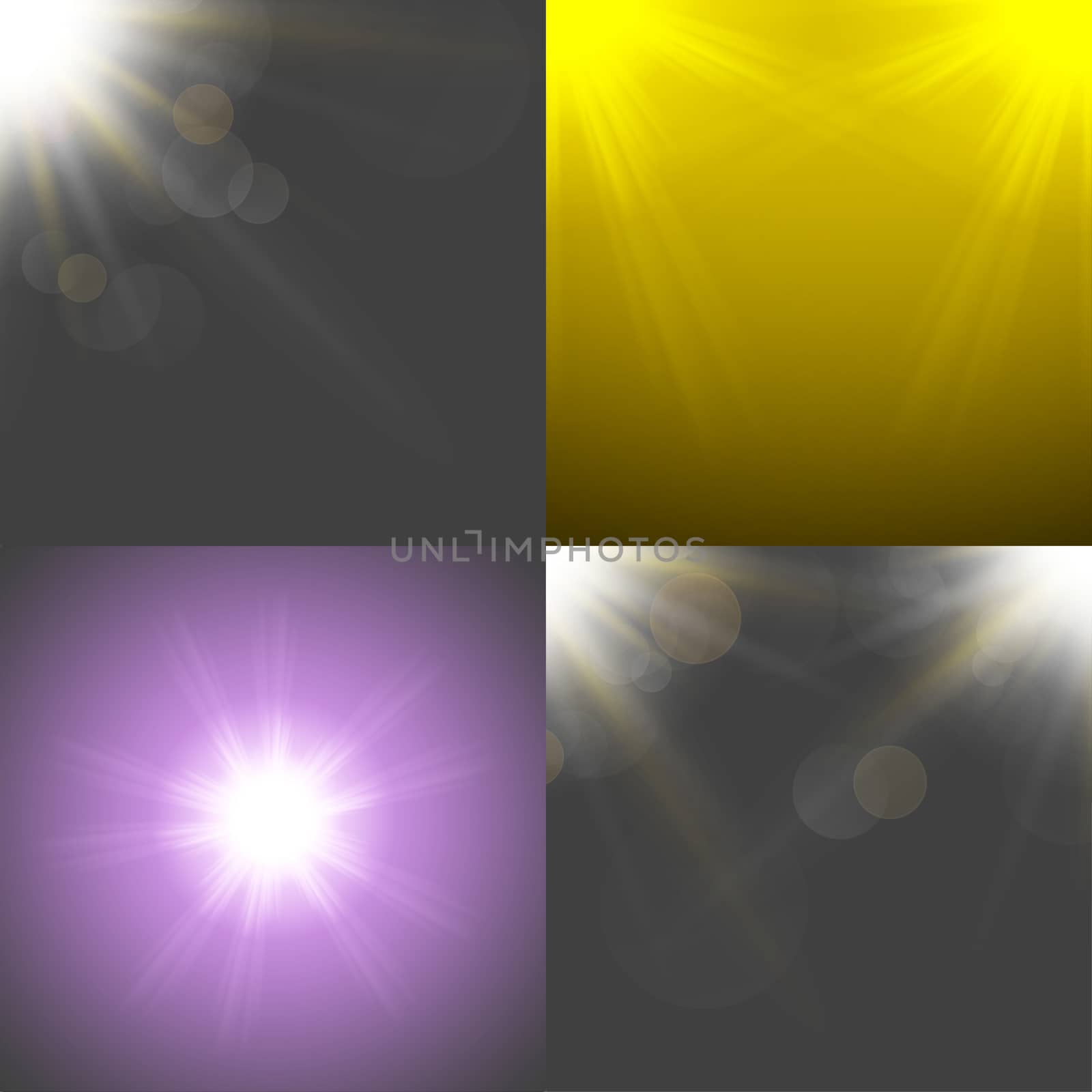 Set with four Abstract blurry background overlying semi transparent circles, light effects and sun burst. by serhii_lohvyniuk