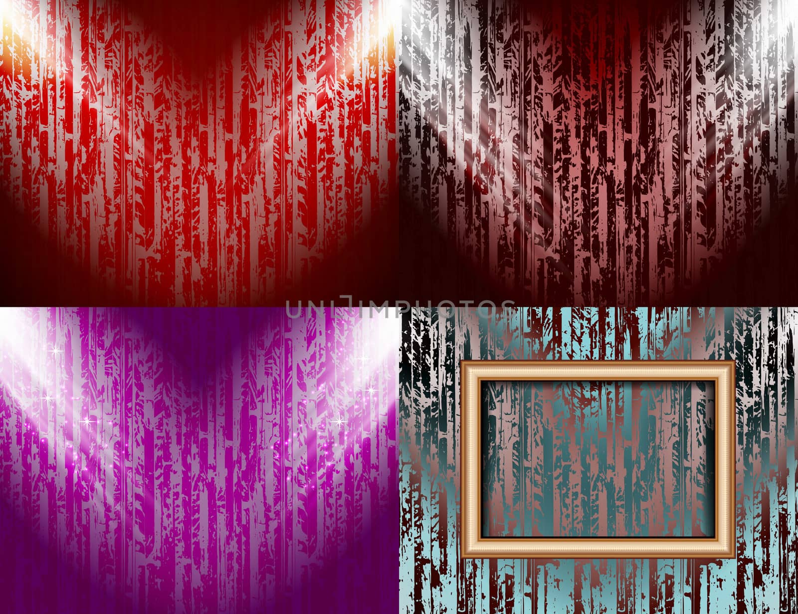 Set of colorful abstract backgrounds and frames for text or photos illuminated by searchlights. Raster by serhii_lohvyniuk