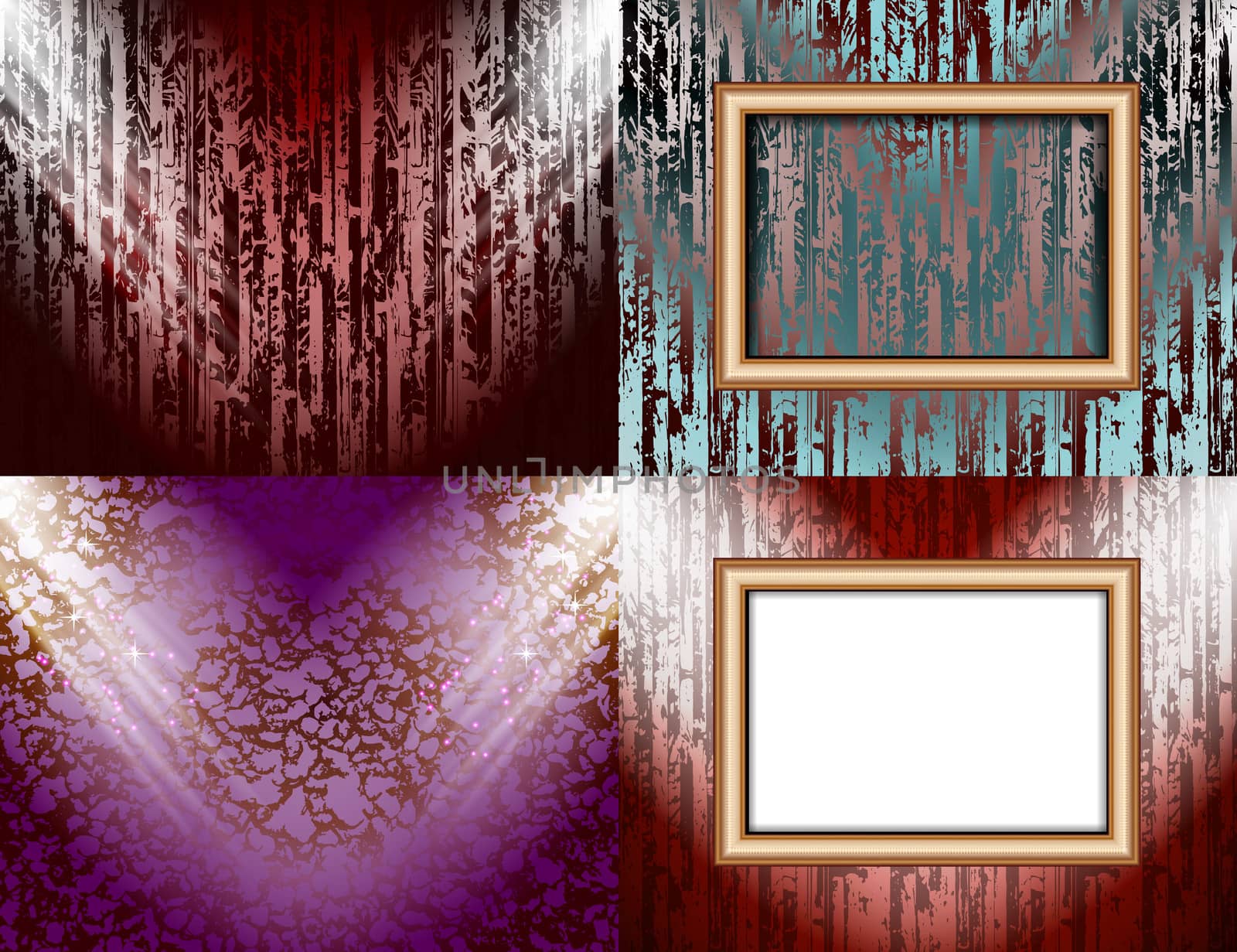 Set of colorful abstract backgrounds and frames for text or photos illuminated by searchlights.  illustration