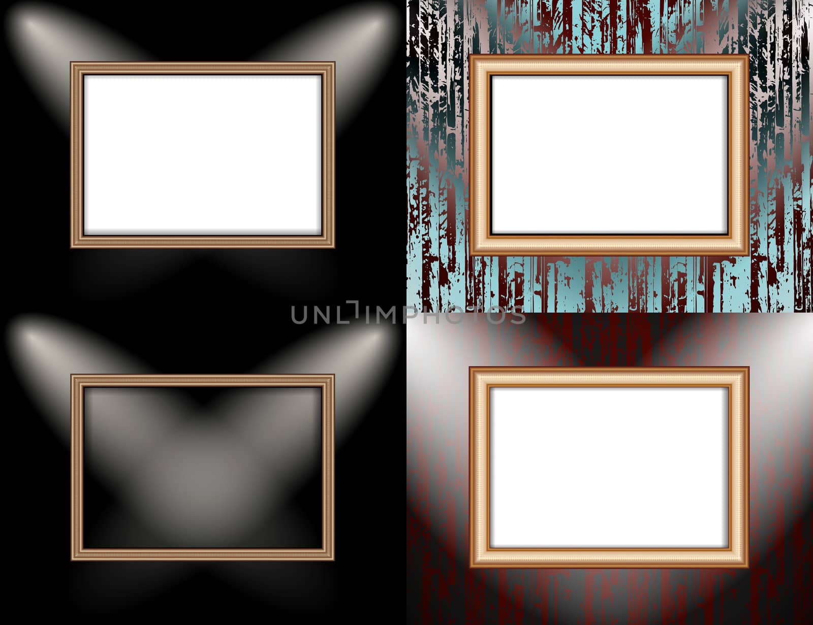 Set of colorful abstract backgrounds and frames for text or photos illuminated by searchlights.  illustration