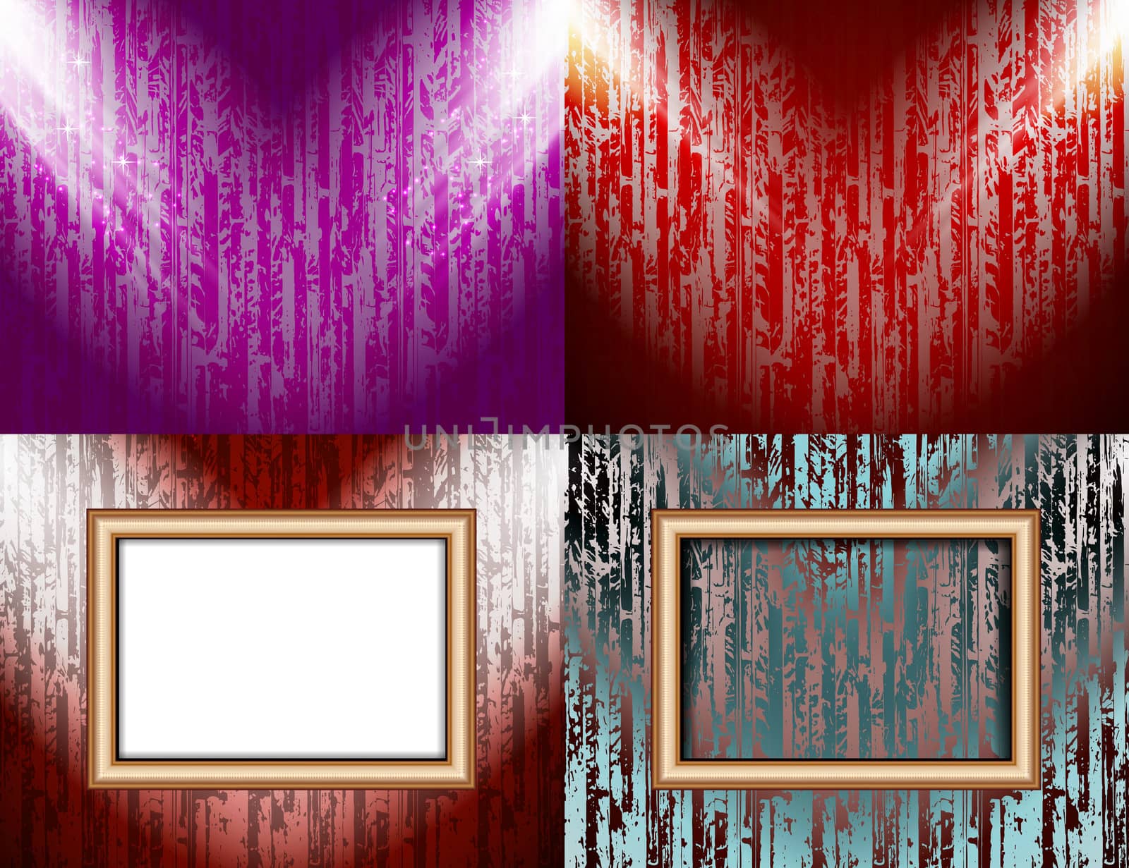 Set of colorful abstract backgrounds and frames for text or photos illuminated by searchlights. Raster by serhii_lohvyniuk