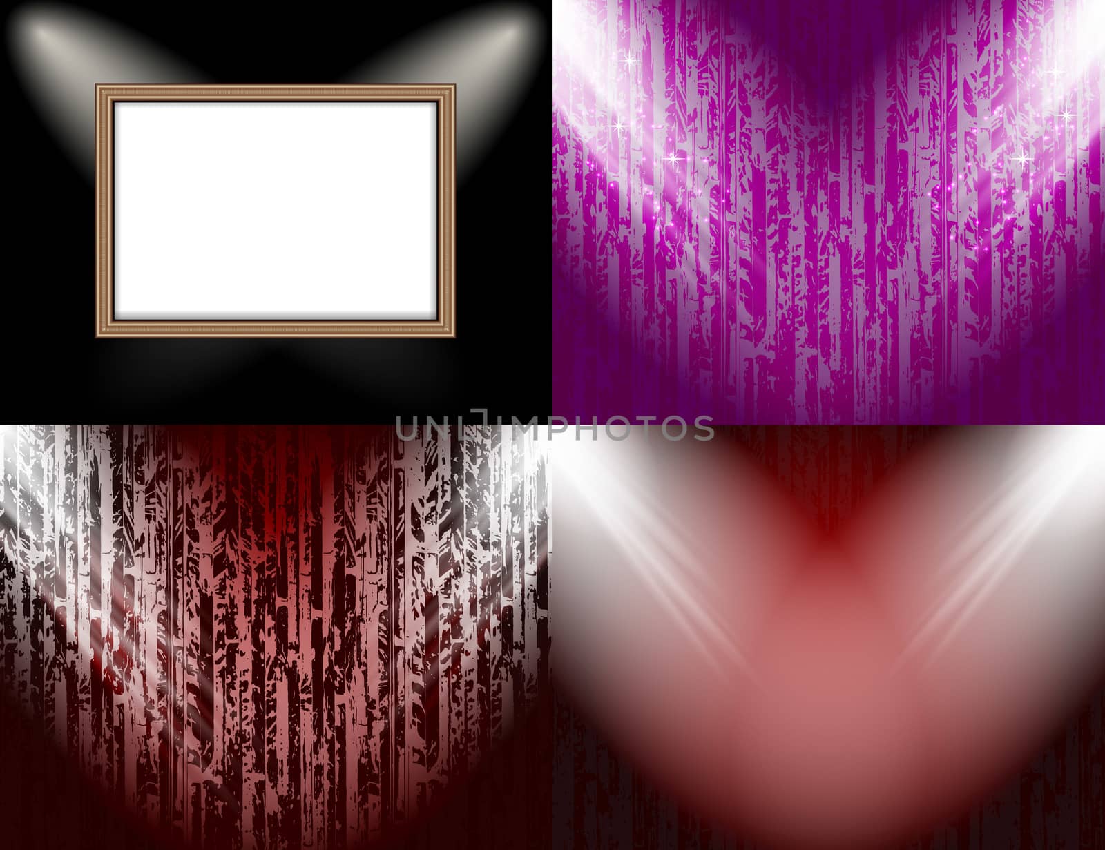 Set of colorful abstract backgrounds and frames for text or photos illuminated by searchlights.  illustration