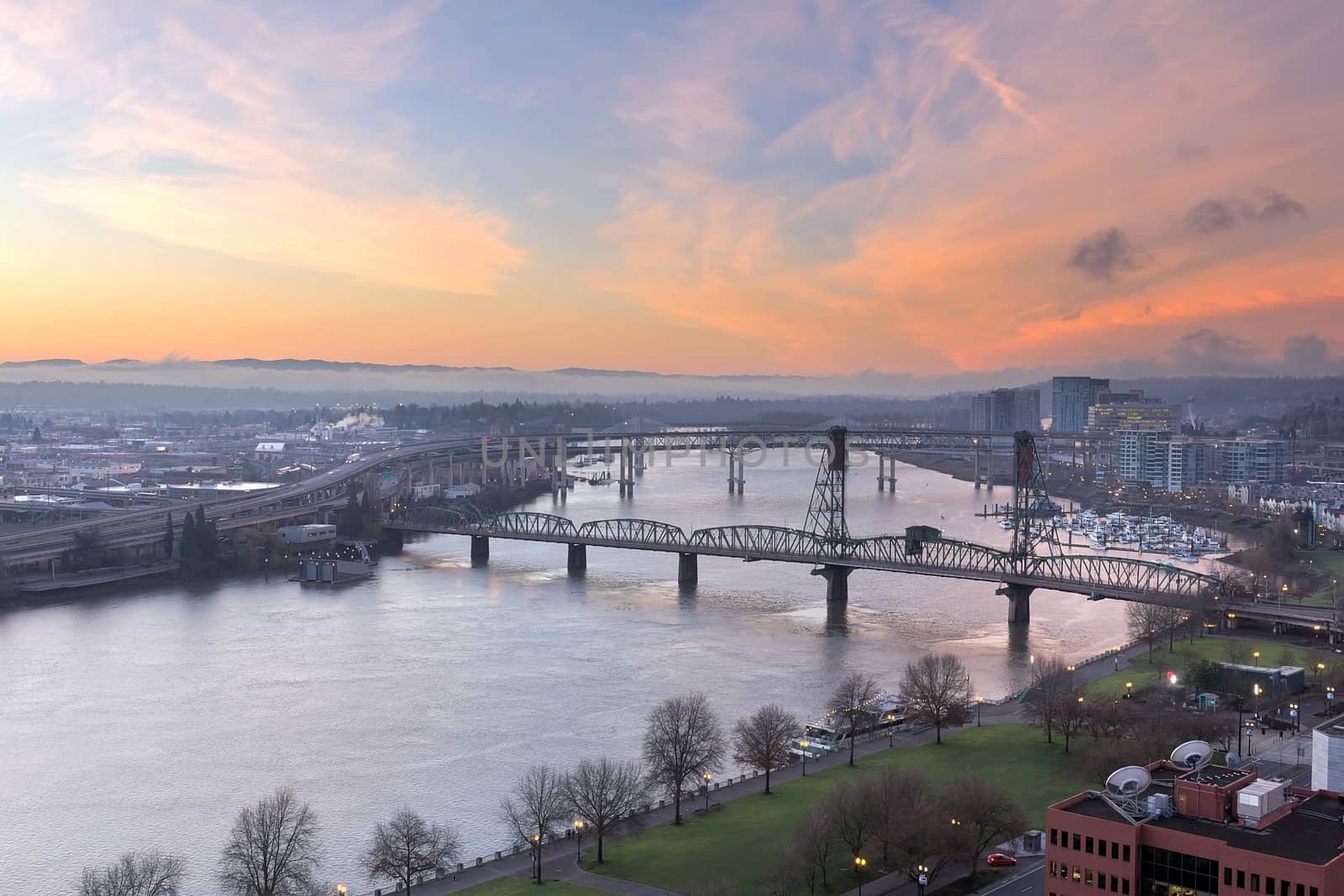Sunrise Over Willamette River and the Bridges in Portland Oregon Downtown Waterfront