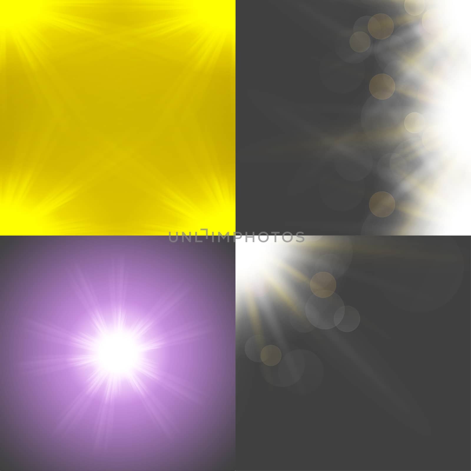 Set with four Abstract blurry background with  overlying semi transparent circles, light effects and sun burst