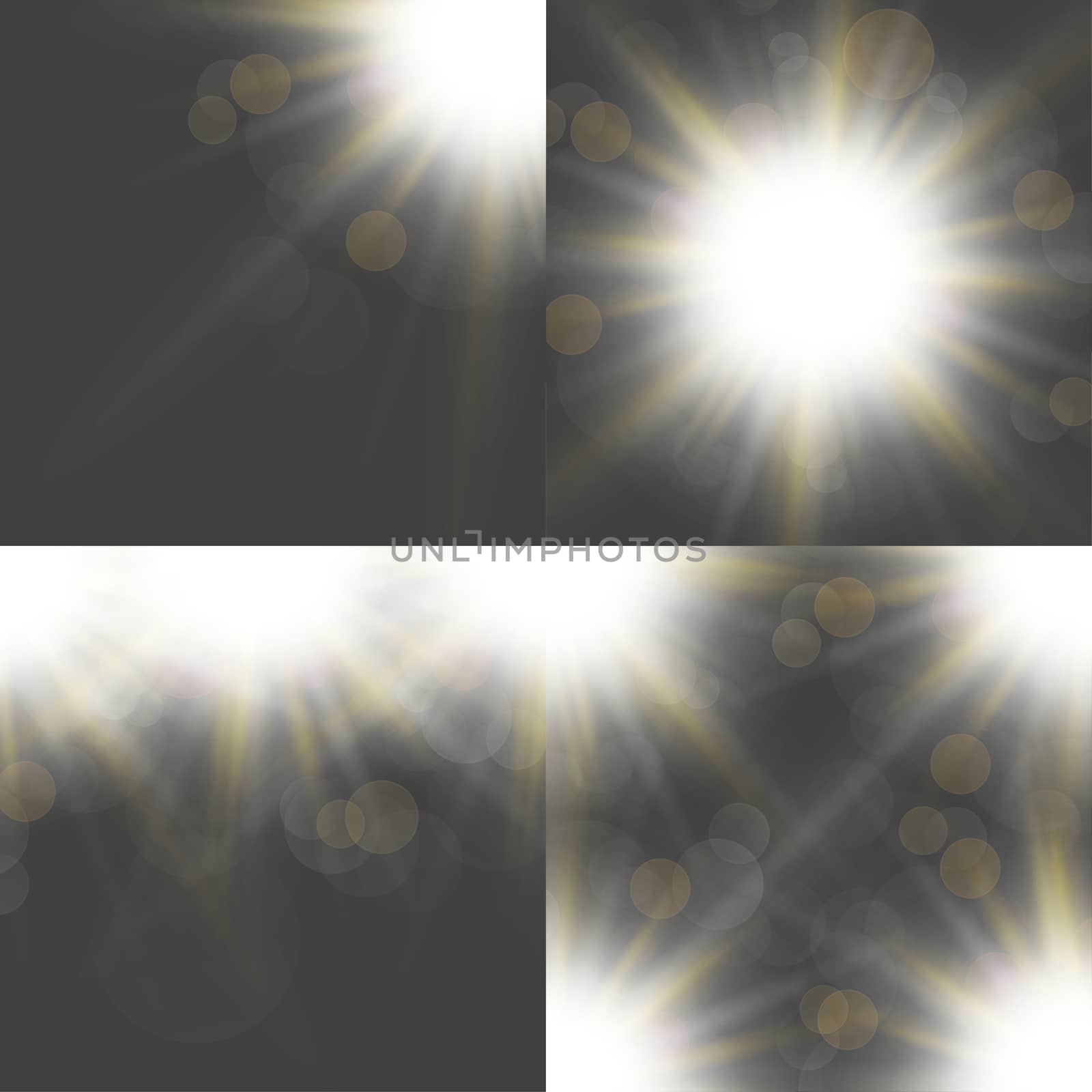 Set with four Abstract blurry background overlying semi transparent circles, light effects and sun burst. by serhii_lohvyniuk