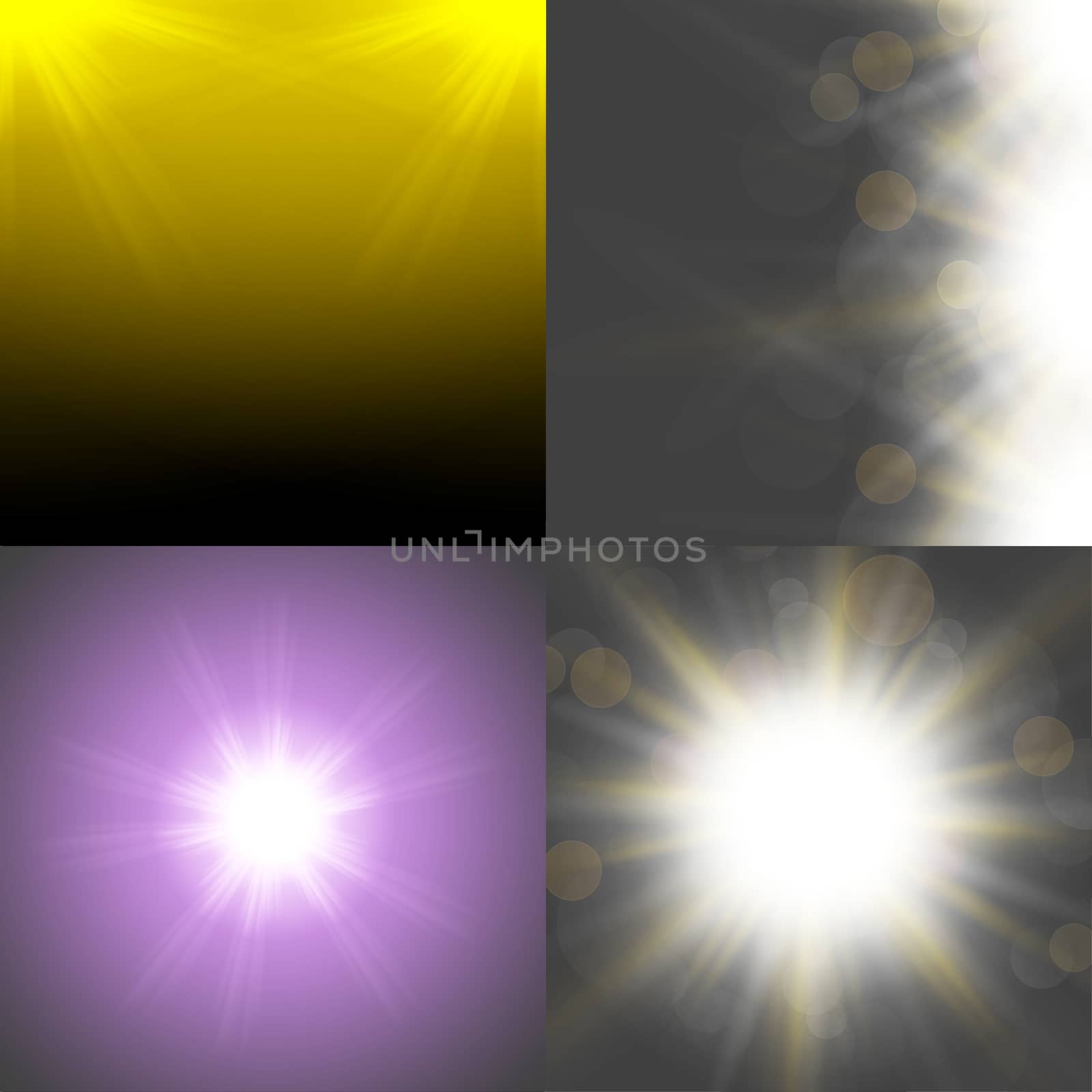 Set with four Abstract blurry background with  overlying semi transparent circles, light effects and sun burst