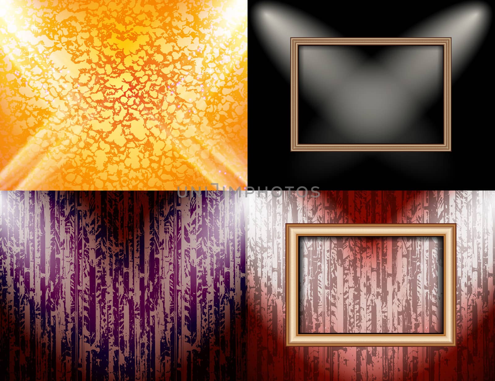 Set of colorful abstract backgrounds and frames for text or photos illuminated by searchlights.  illustration