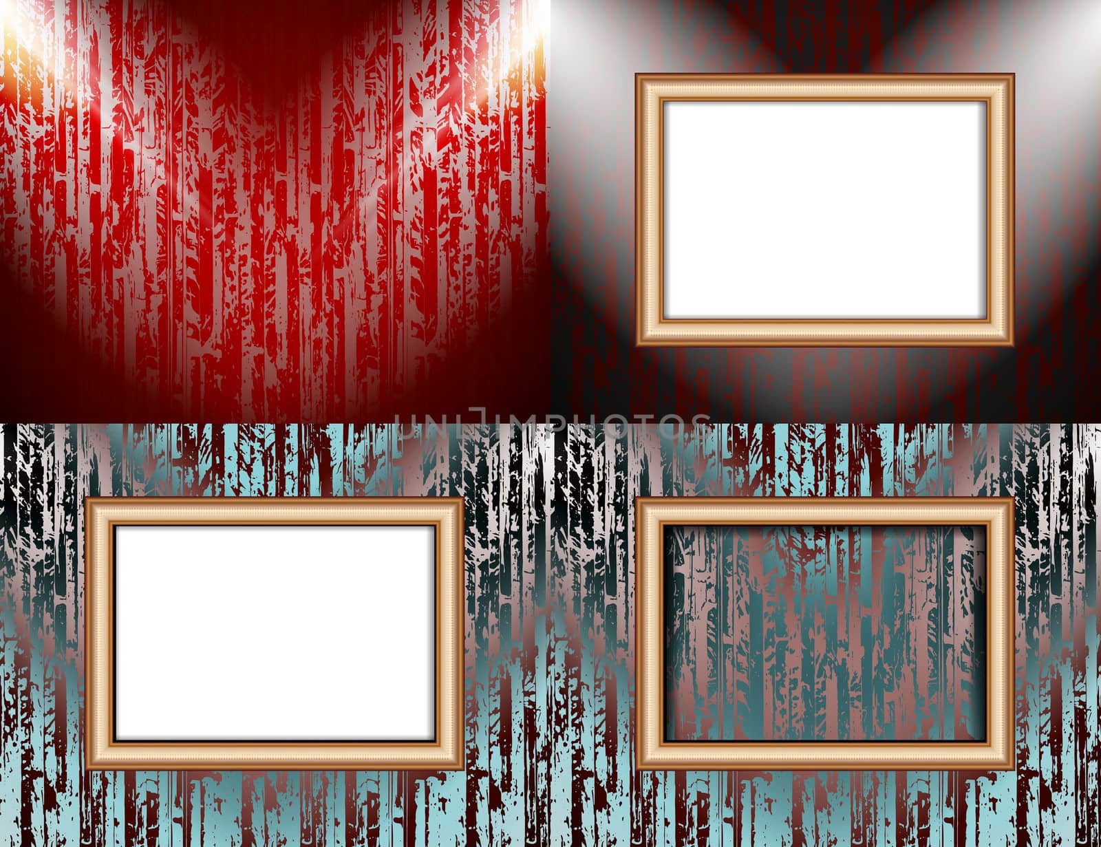 Set of colorful abstract backgrounds and frames for text or photos illuminated by searchlights.  illustration