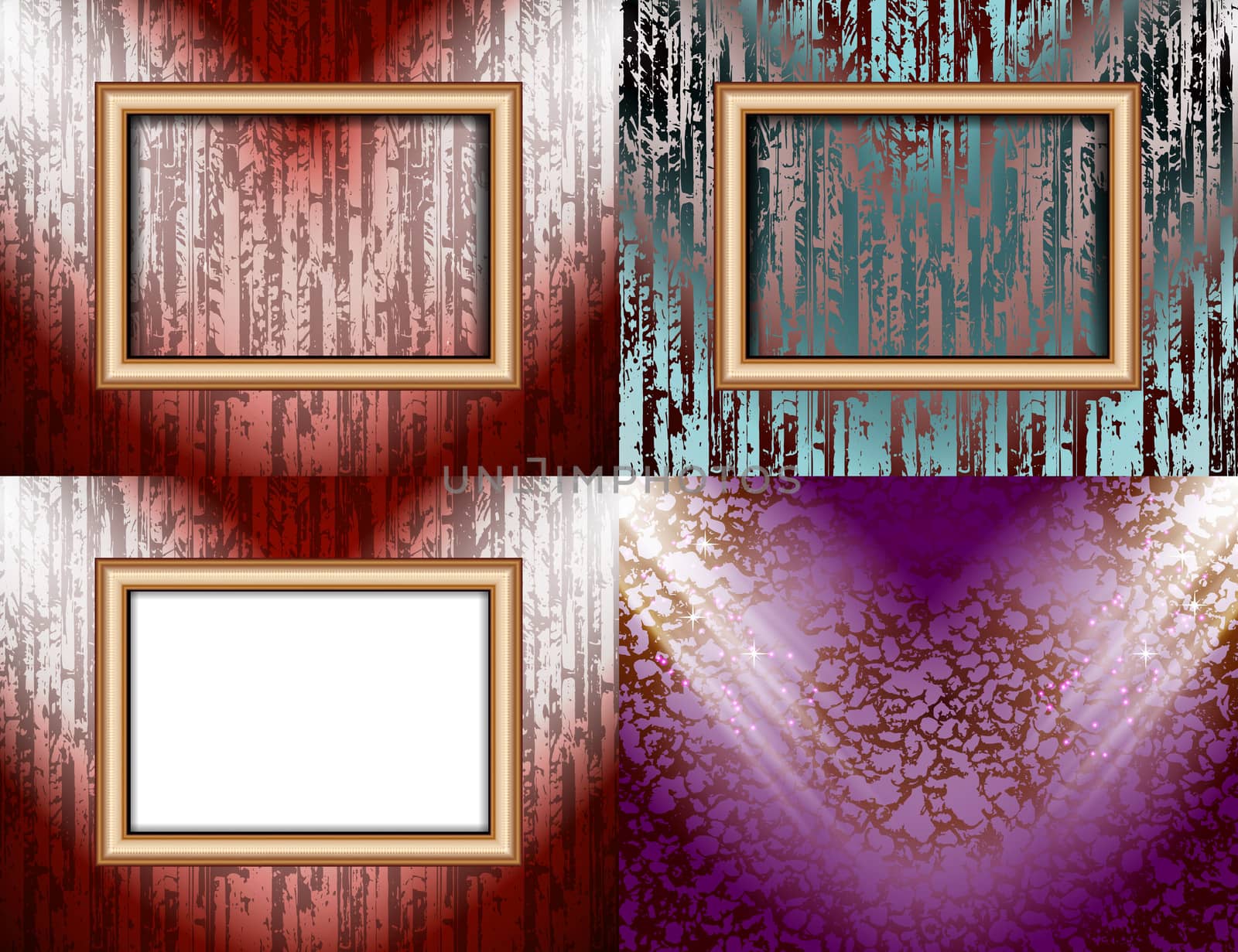 Set of colorful abstract backgrounds and frames for text or photos illuminated by searchlights.  illustration