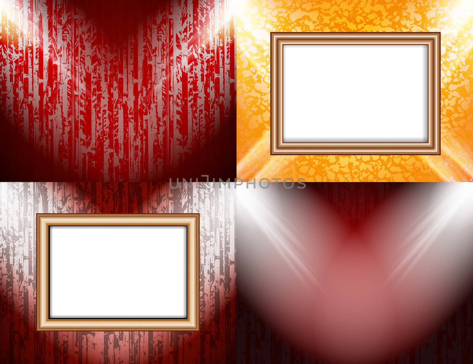 Set of colorful abstract backgrounds and frames for text or photos illuminated by searchlights.  illustration