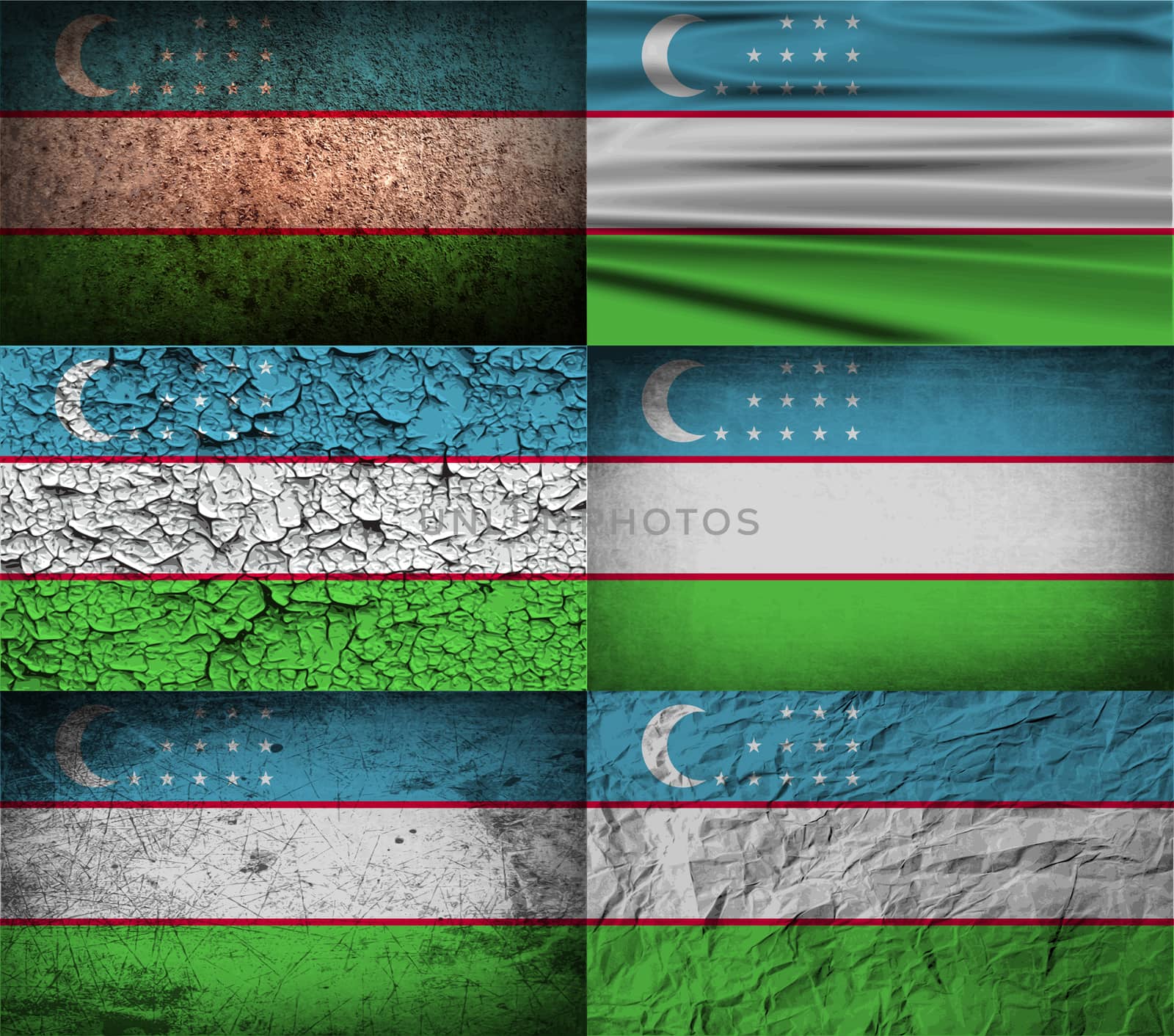 Set of six flags Uzbekistan with old texture.  illustration