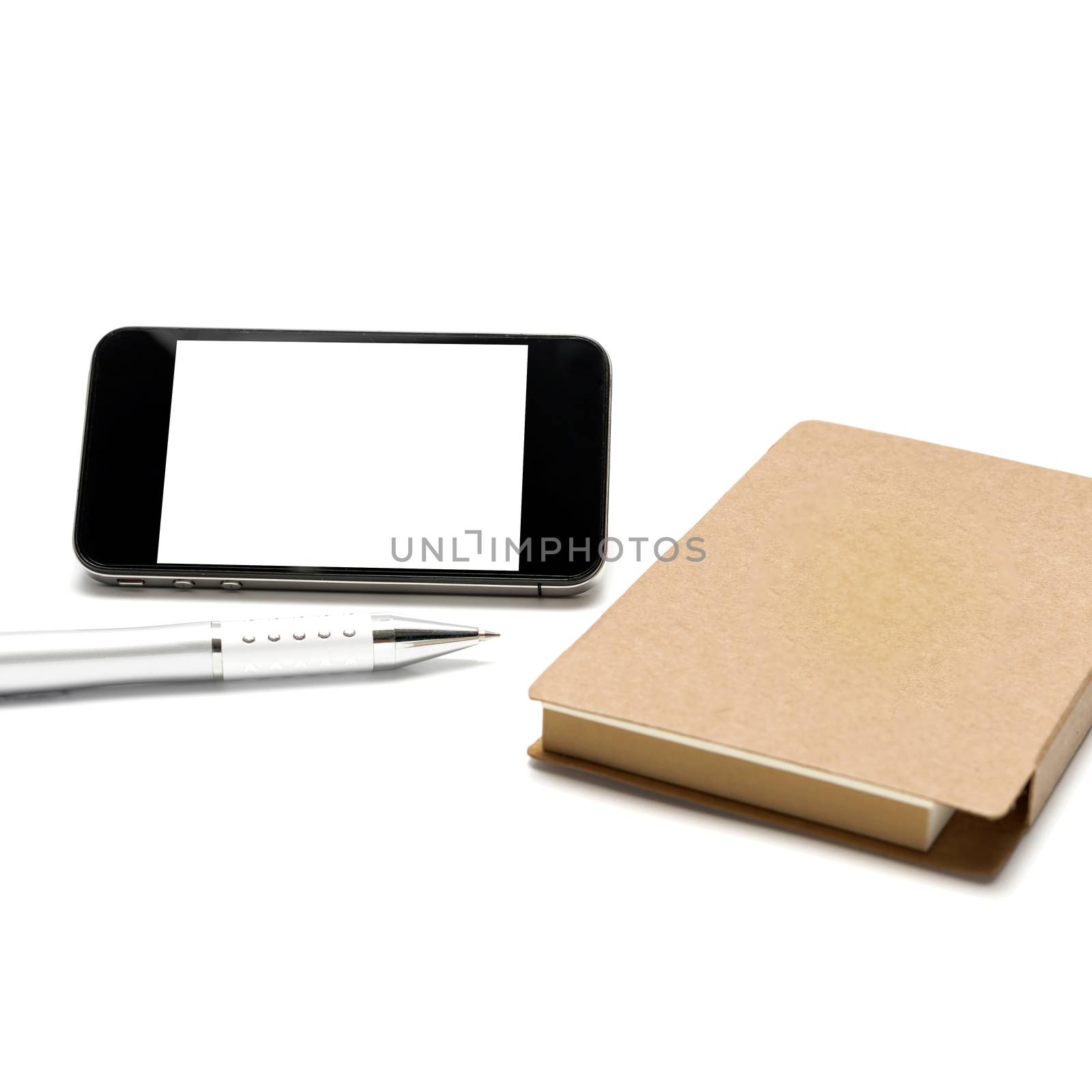 smart phone with small notebook and pen isolated on white background